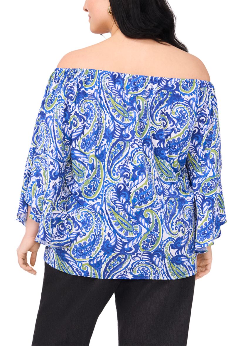 Plus Size Off the Shoulder Solid Ruffle Sleeve Top
