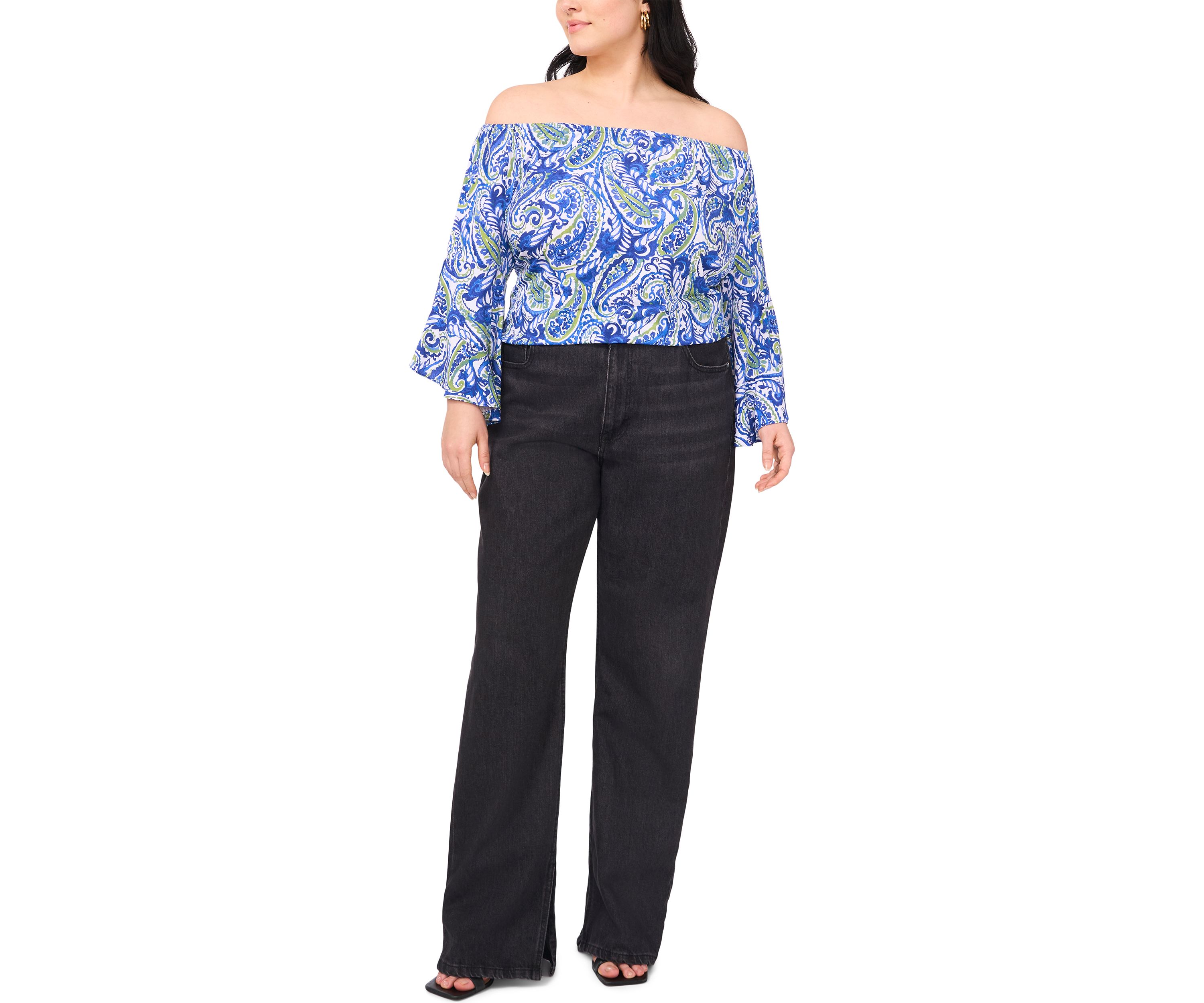 Plus Size Off the Shoulder Solid Ruffle Sleeve Top