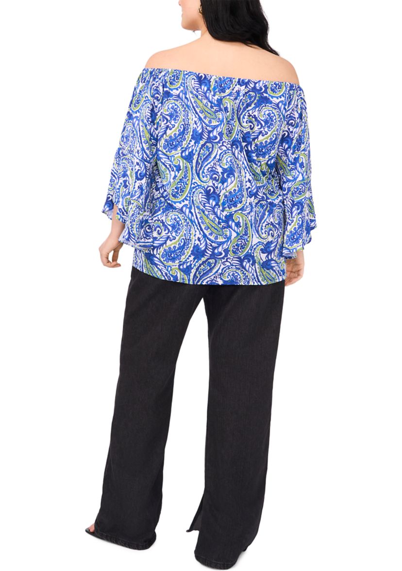 Plus Size Off the Shoulder Solid Ruffle Sleeve Top