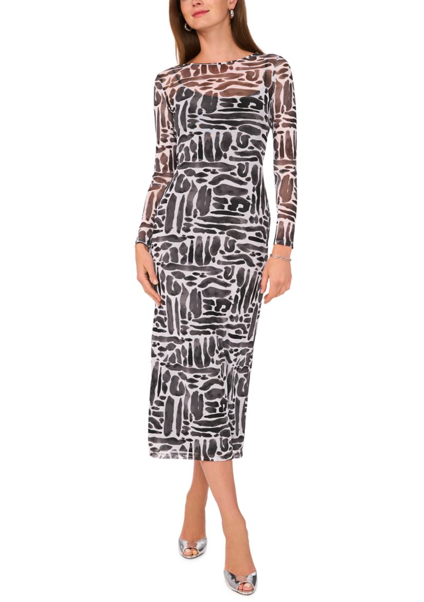 Womens Geo Mesh Printed Midi Dress
