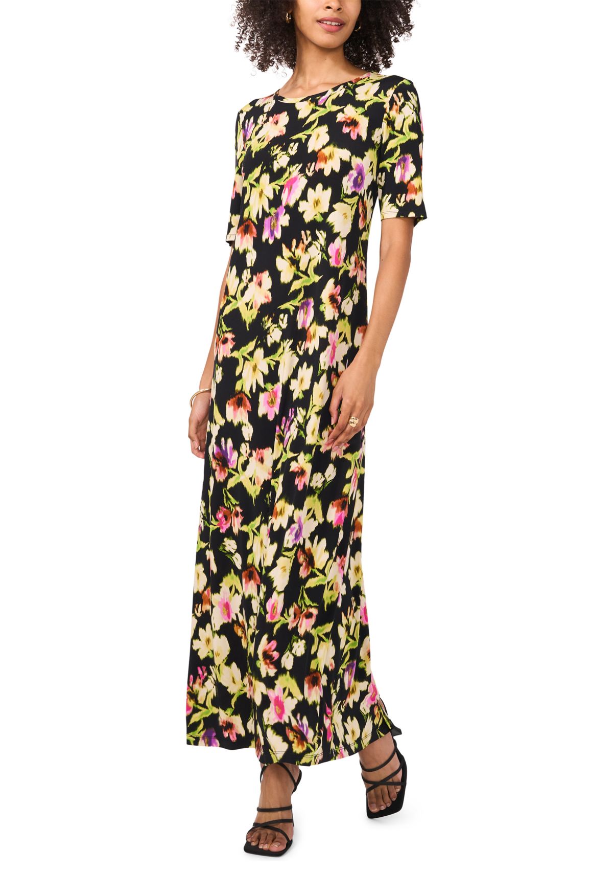 Womens Elbow Sleeve Floral Maxi Dress