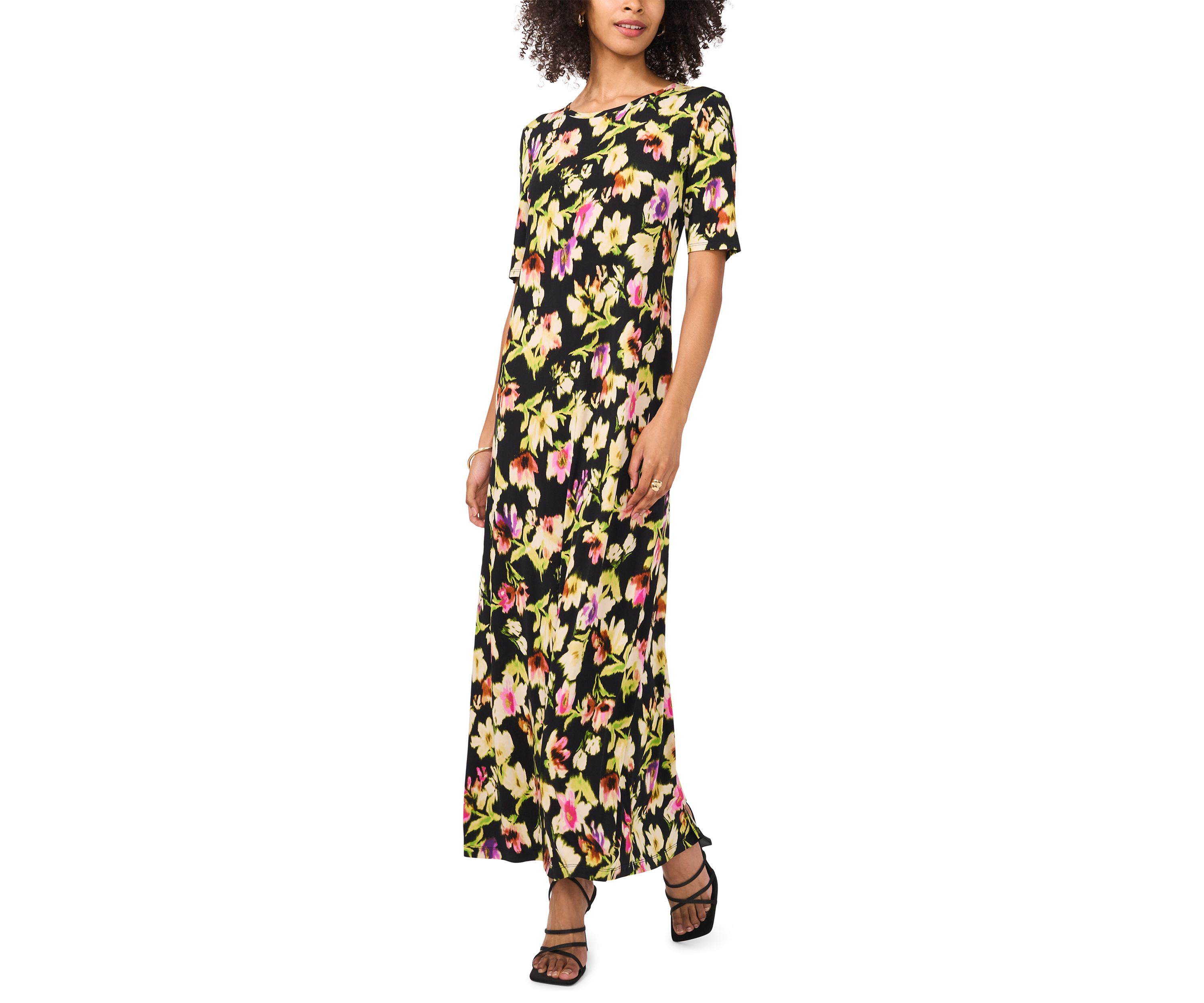 Womens Elbow Sleeve Floral Maxi Dress