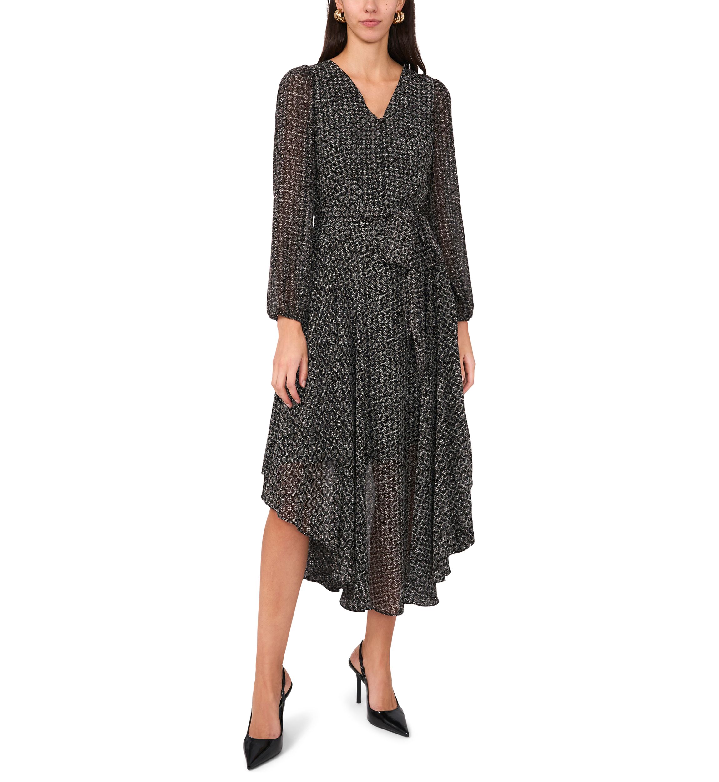 Womens Long Sleeve V-Neck Asymmetrical Hem Midi Dress