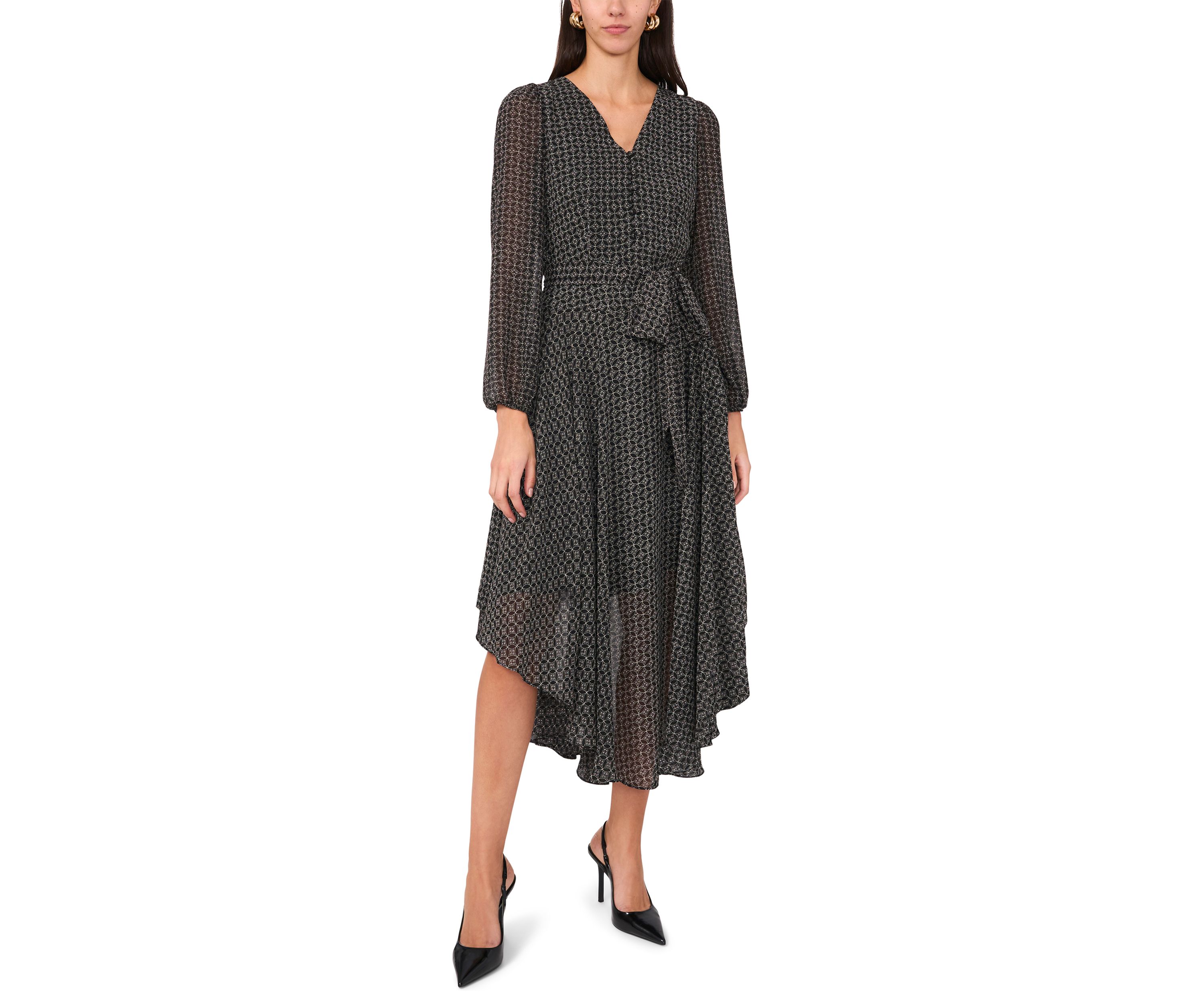 Womens Long Sleeve V-Neck Asymmetrical Hem Midi Dress