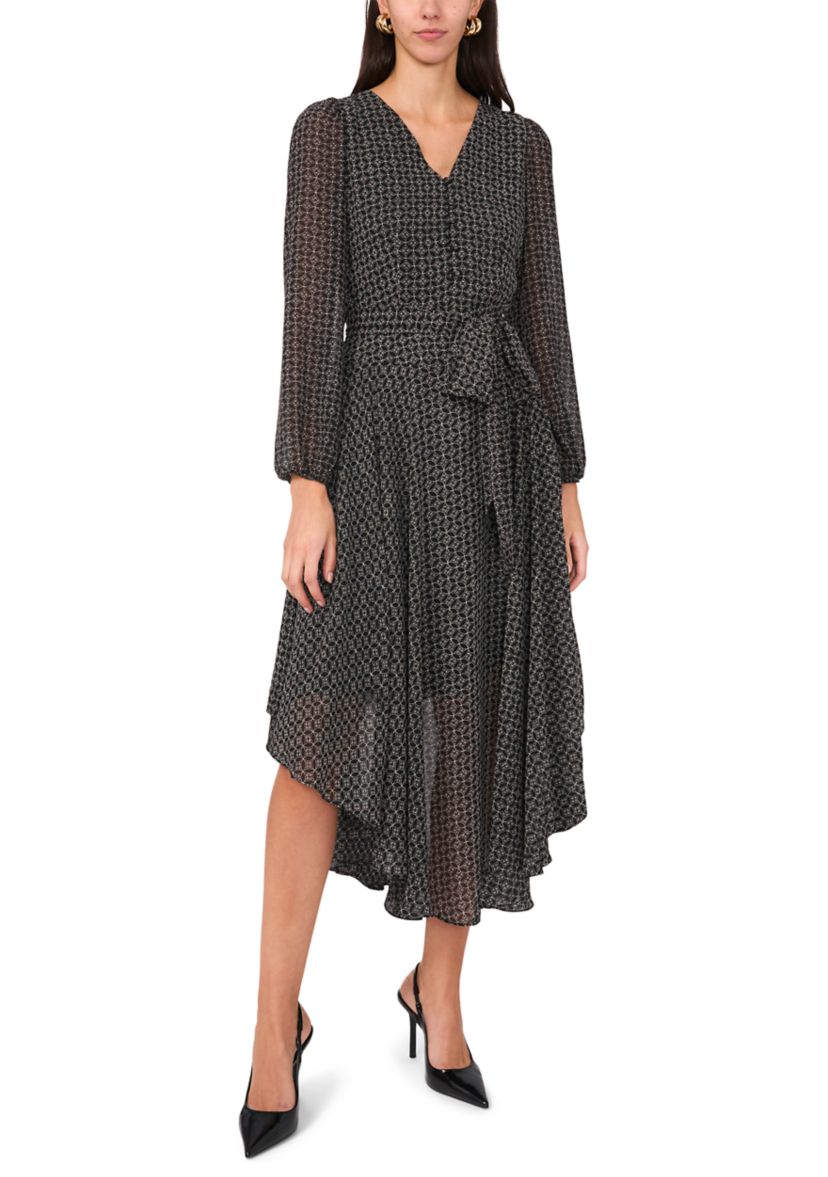 Womens Long Sleeve V-Neck Asymmetrical Hem Midi Dress