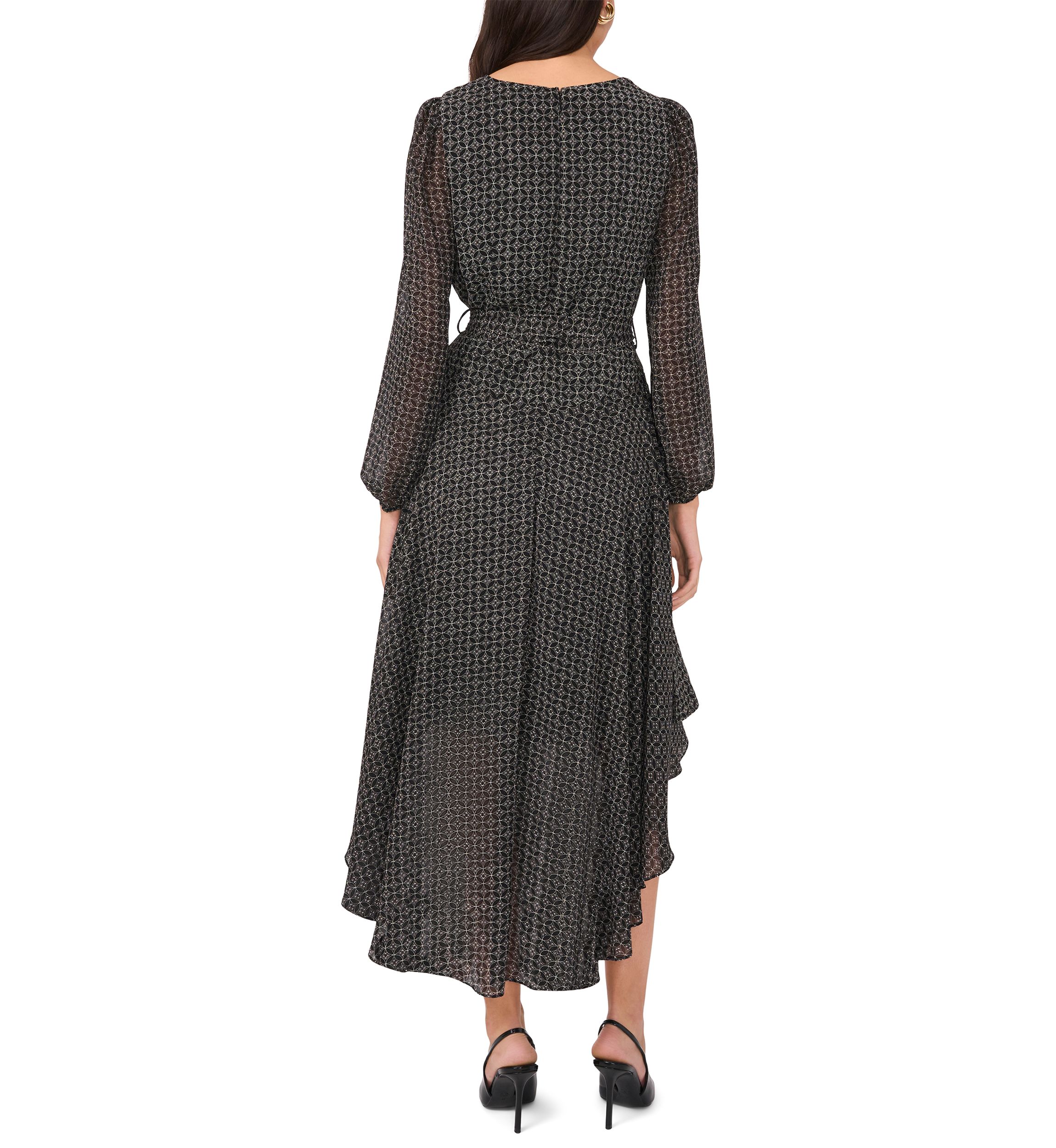 Womens Long Sleeve V-Neck Asymmetrical Hem Midi Dress