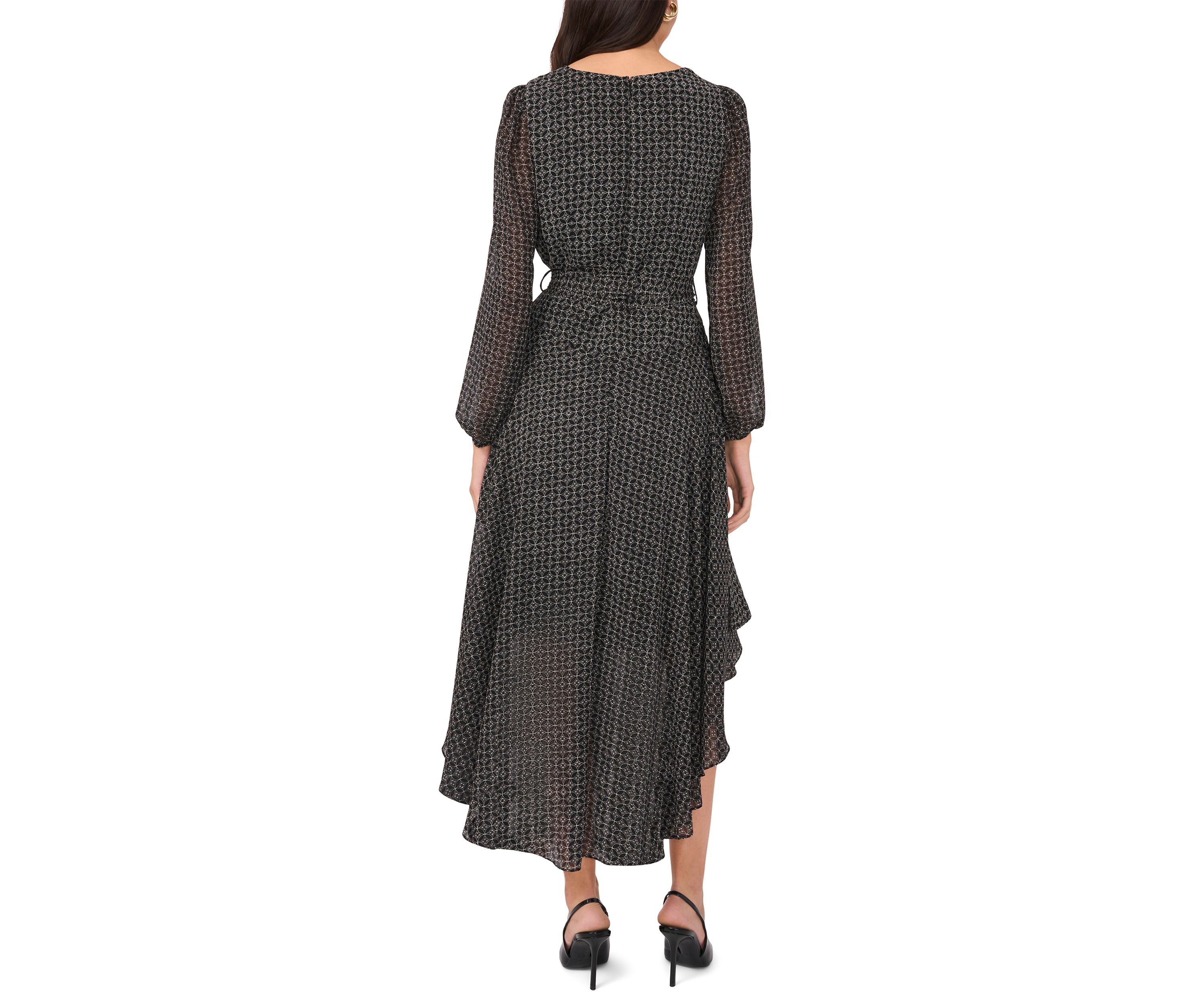 Womens Long Sleeve V-Neck Asymmetrical Hem Midi Dress