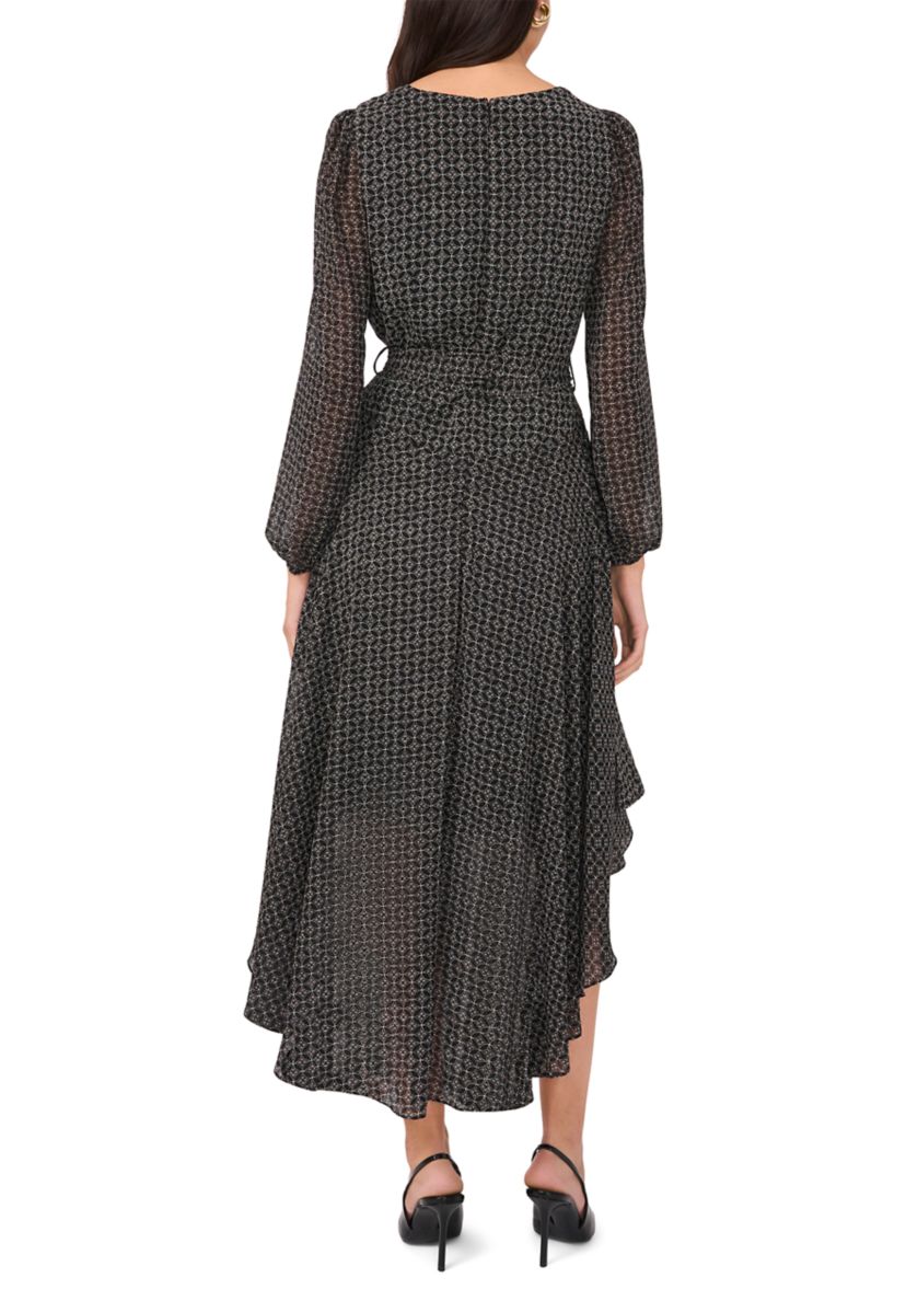 Womens Long Sleeve V-Neck Asymmetrical Hem Midi Dress