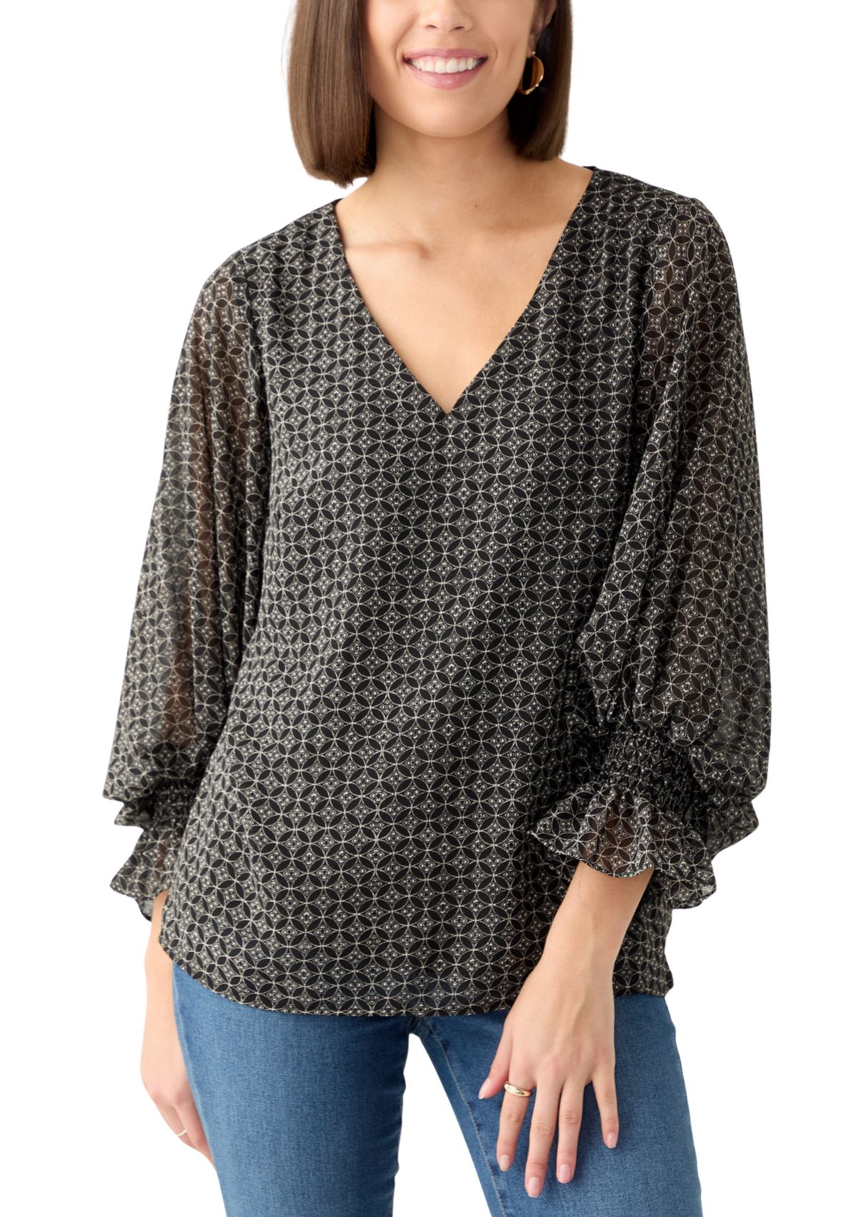 Womens Long Sleeve V-Neck Geometric Blouse