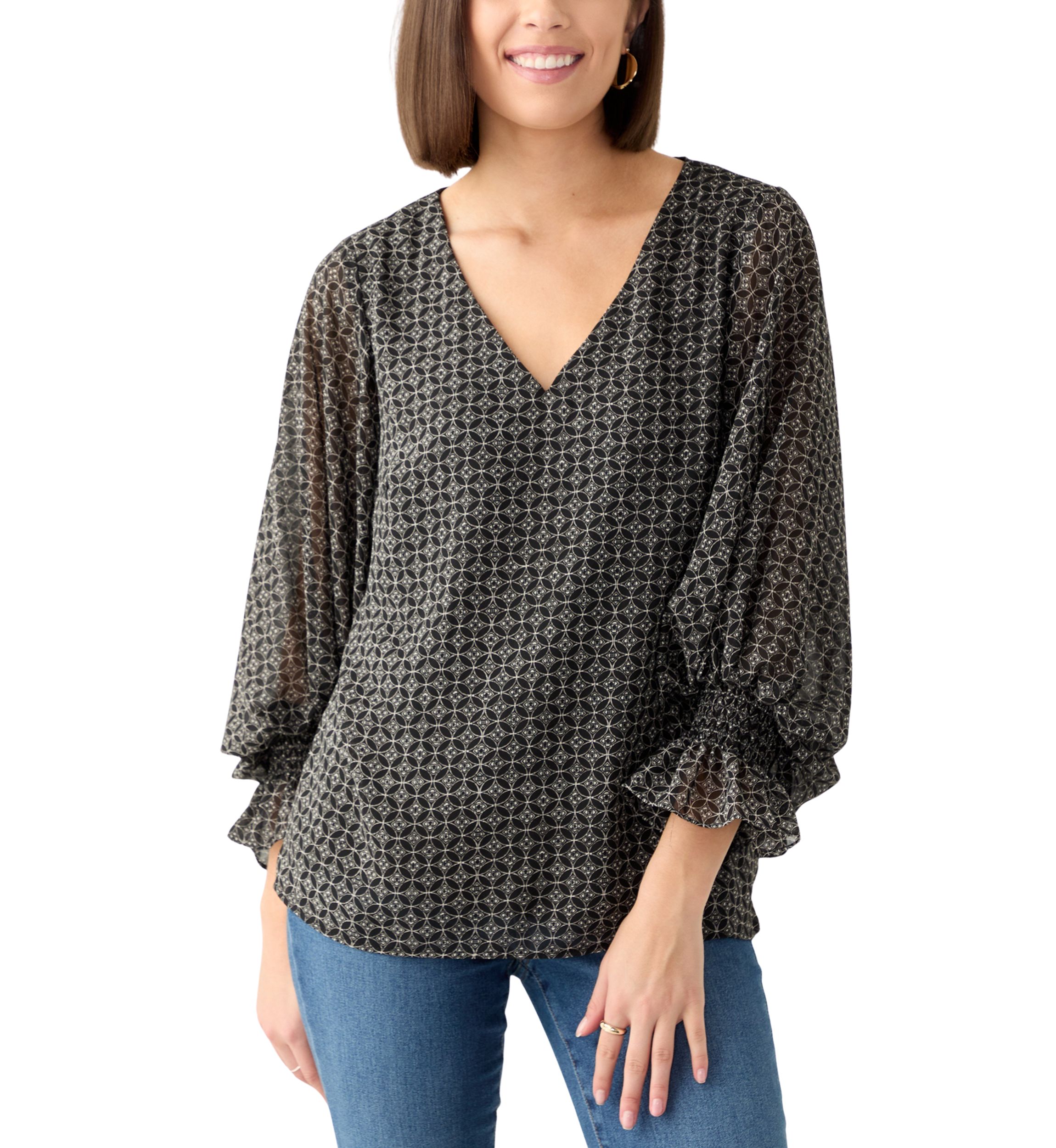 Womens Long Sleeve V-Neck Geometric Blouse