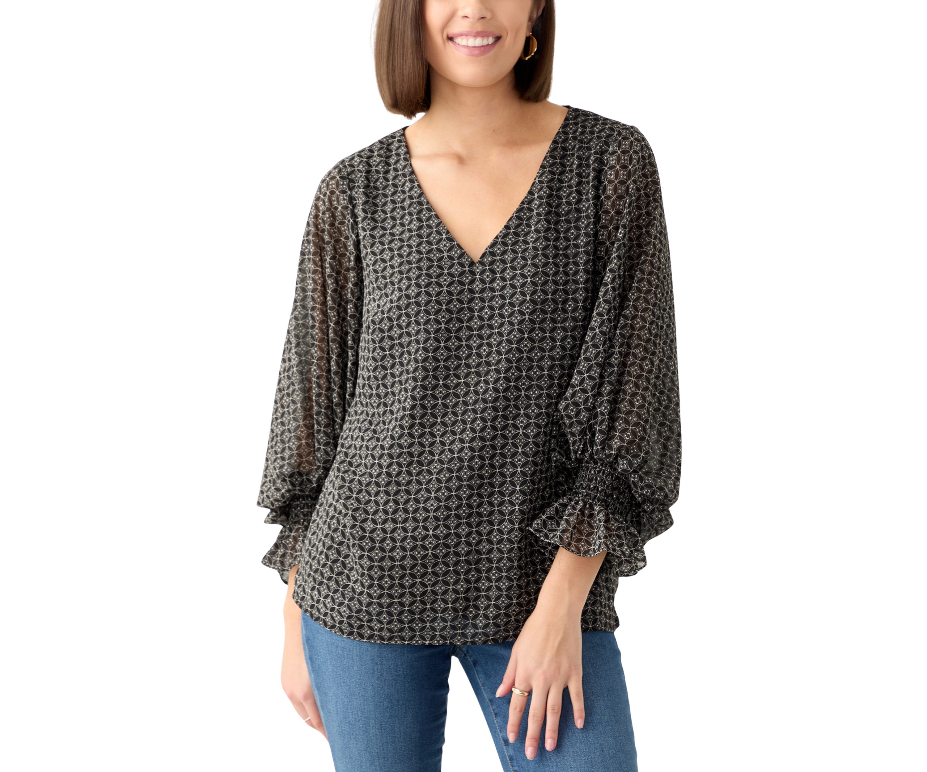Womens Long Sleeve V-Neck Geometric Blouse