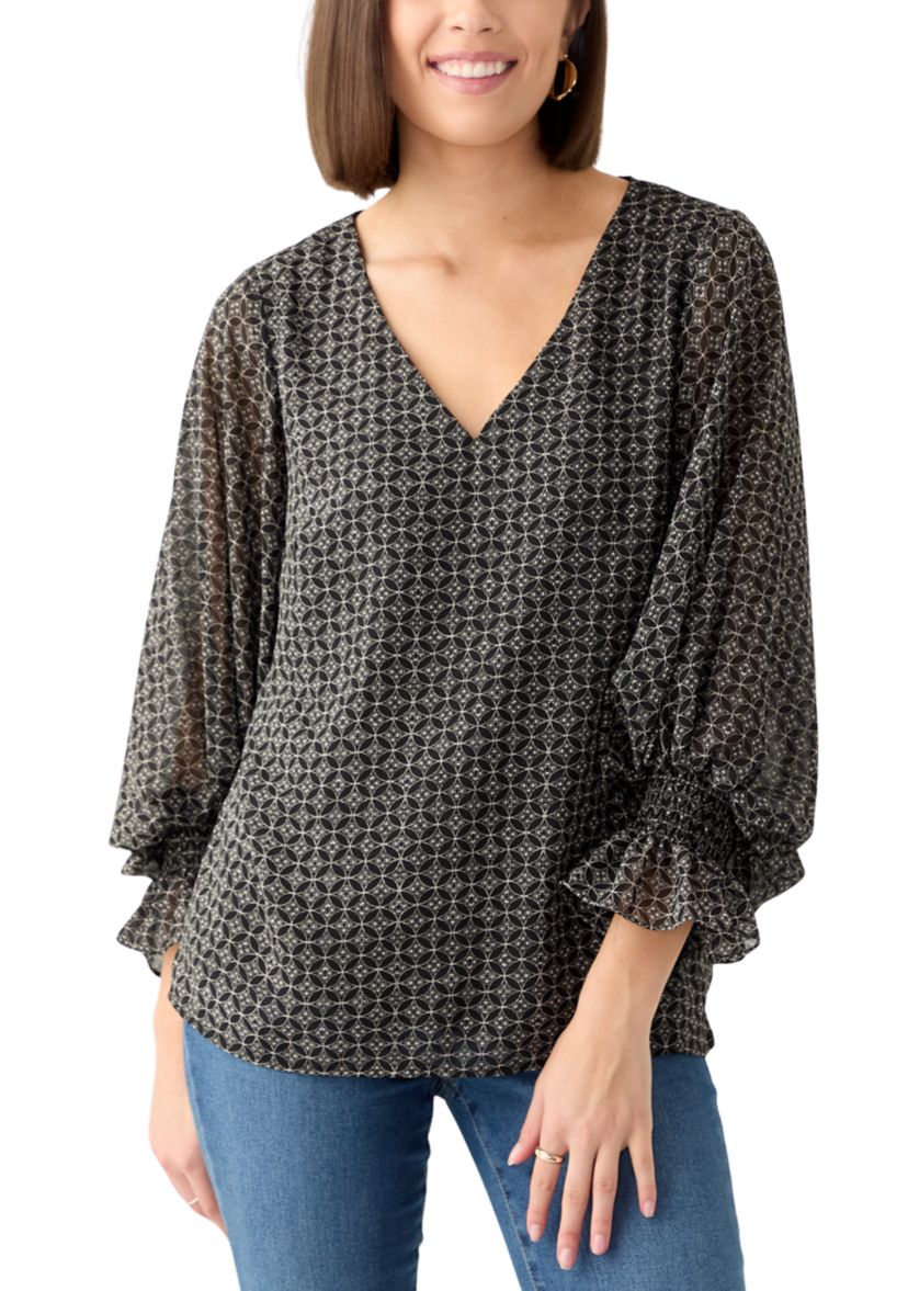 Womens Long Sleeve V-Neck Geometric Blouse
