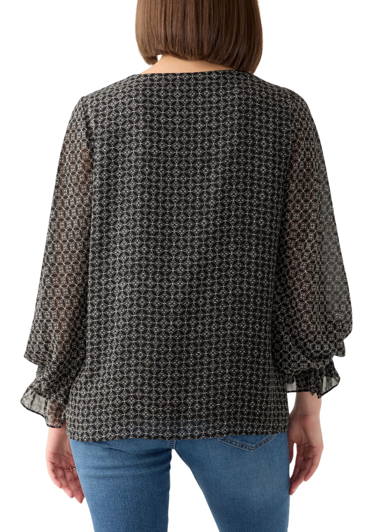 Womens Long Sleeve V-Neck Geometric Blouse