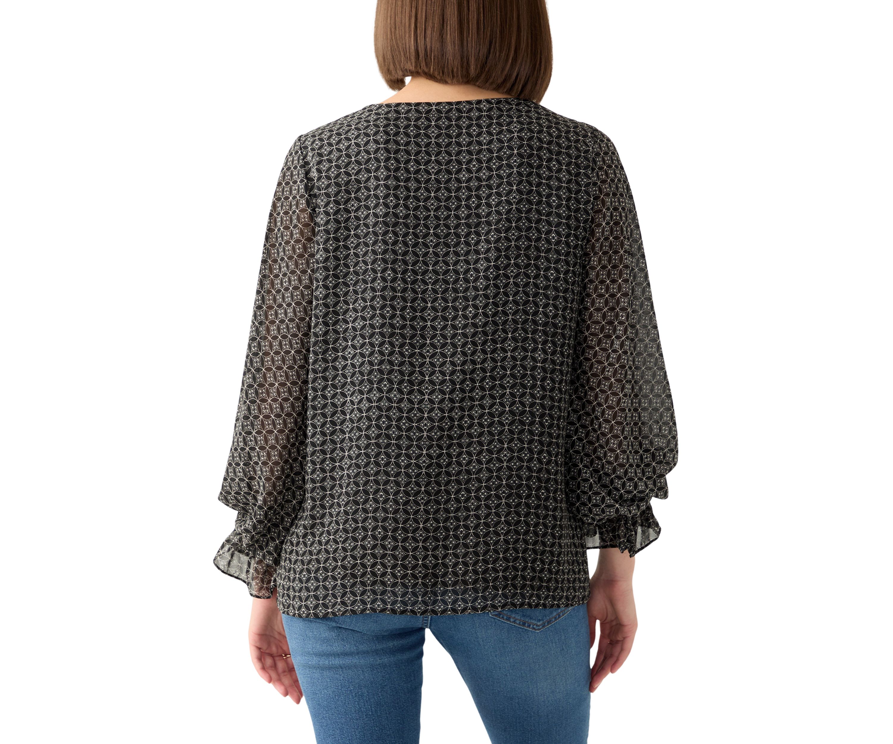Womens Long Sleeve V-Neck Geometric Blouse