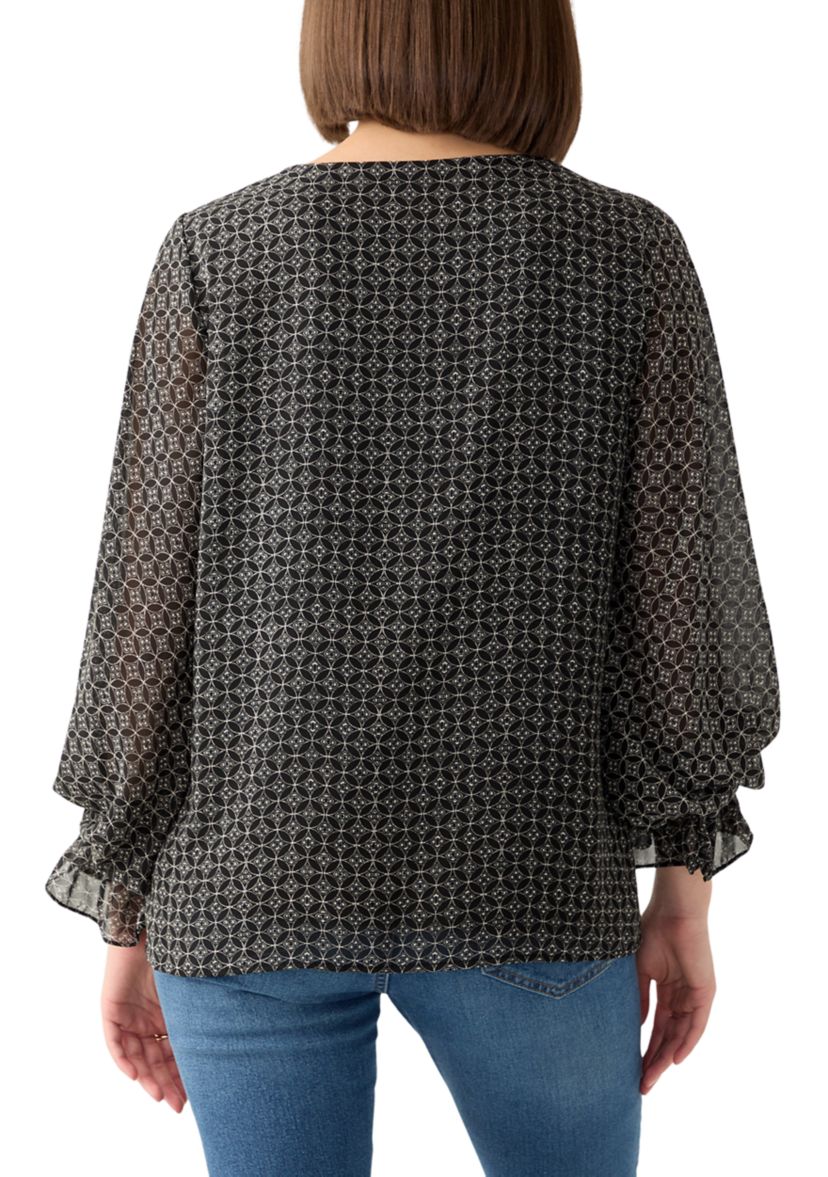 Womens Long Sleeve V-Neck Geometric Blouse