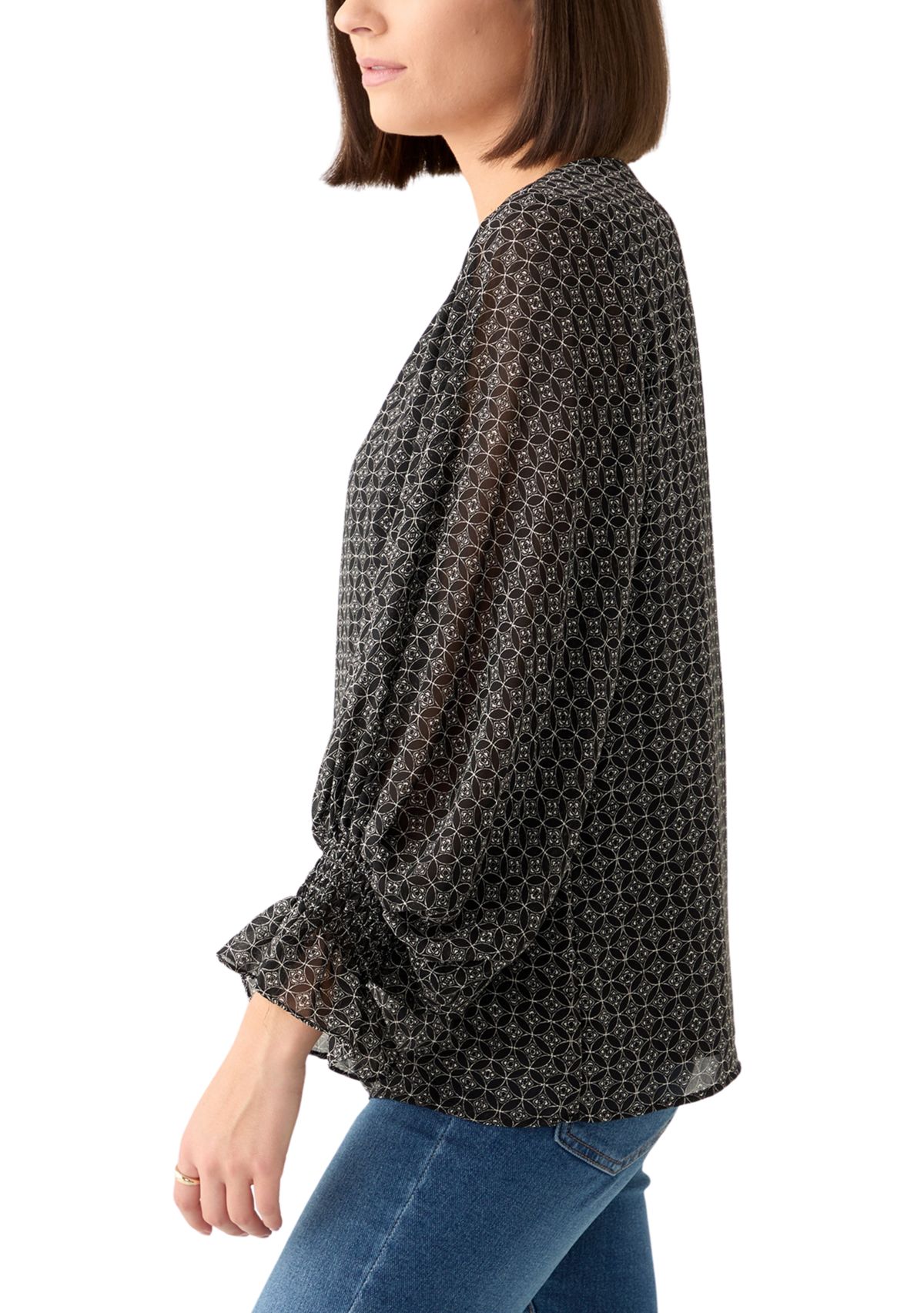 Womens Long Sleeve V-Neck Geometric Blouse