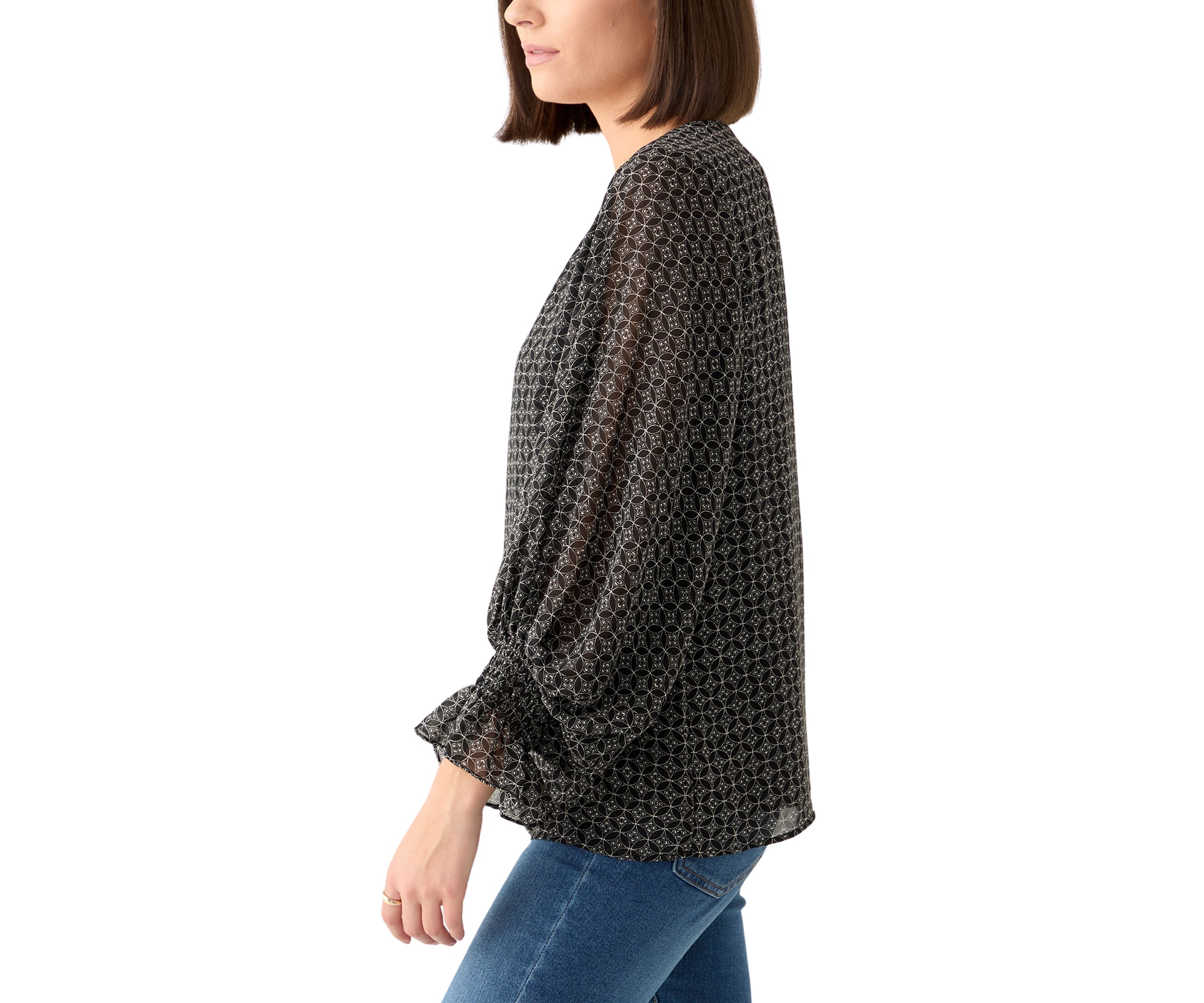 Womens Long Sleeve V-Neck Geometric Blouse