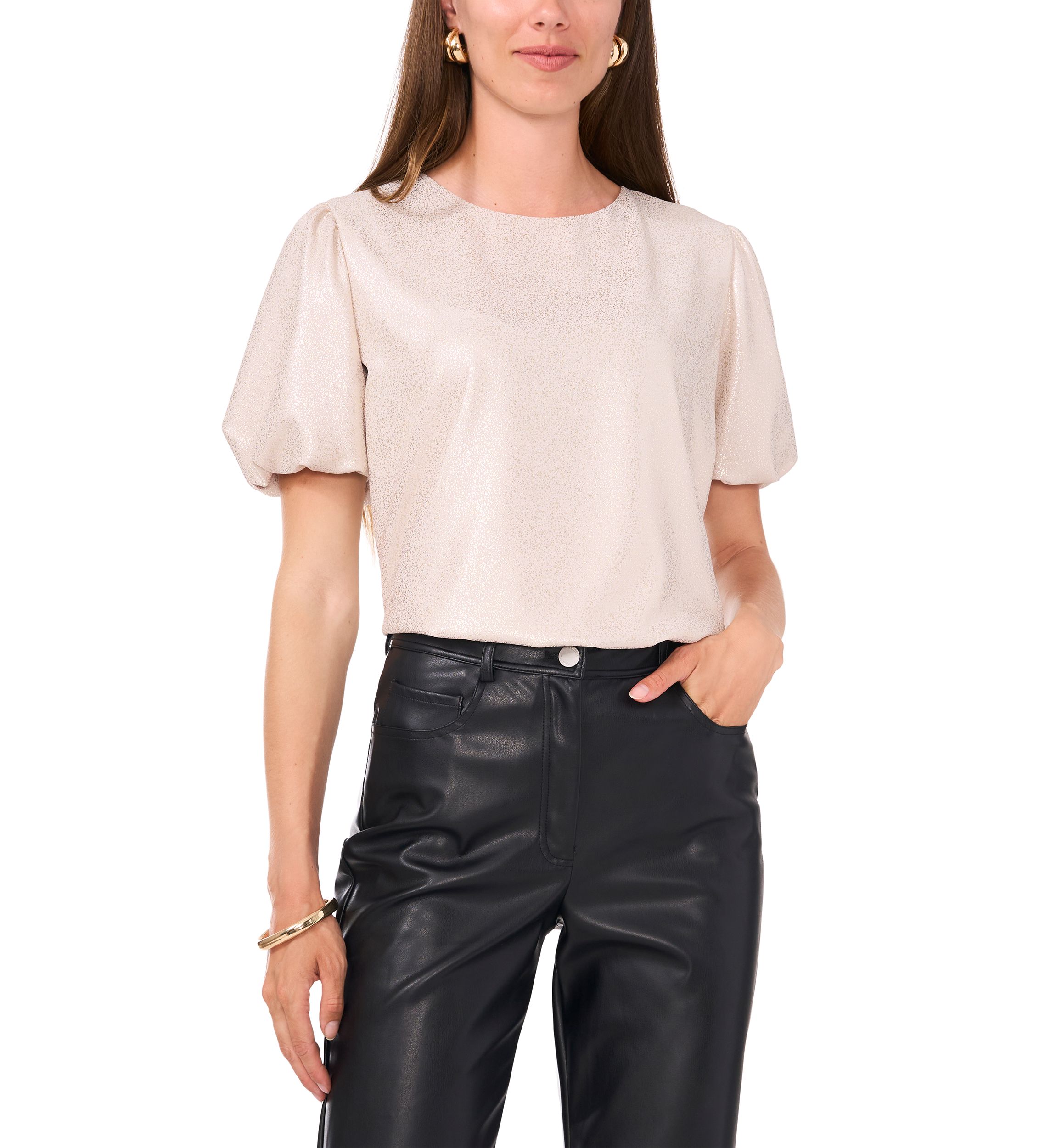 Womens Puff Sleeve Glitter Knit Top