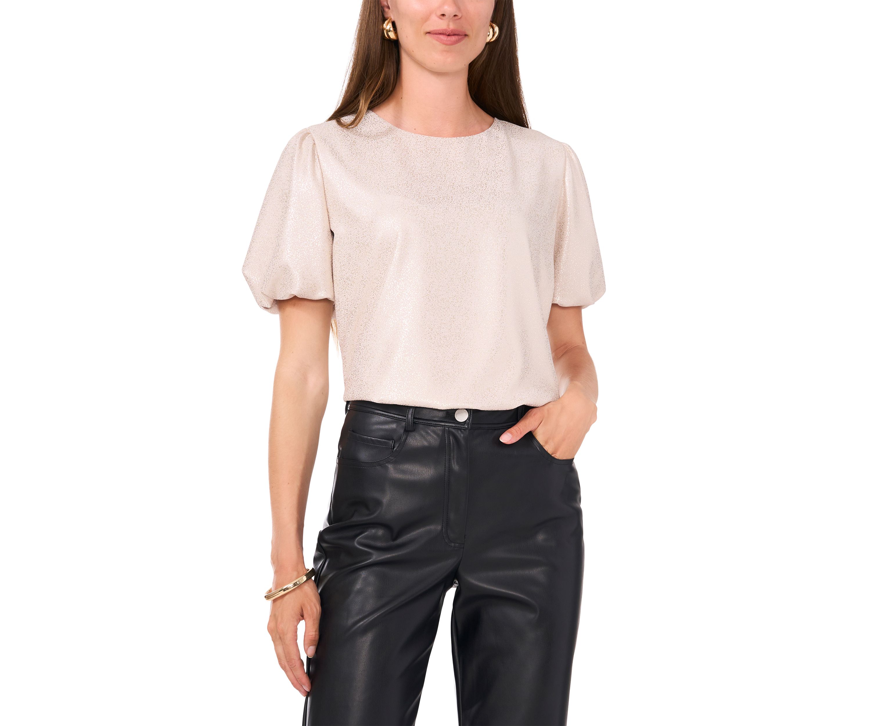 Womens Puff Sleeve Glitter Knit Top