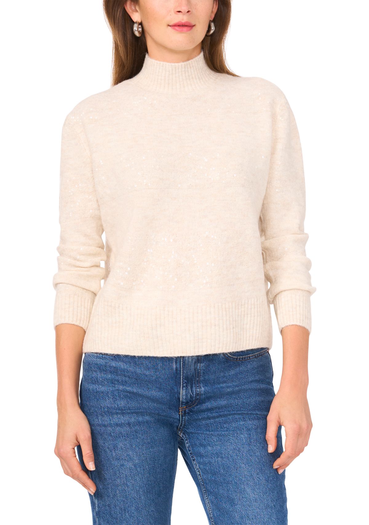 Womens Long Sleeve Sequin Stripe Mock Neck Sweater