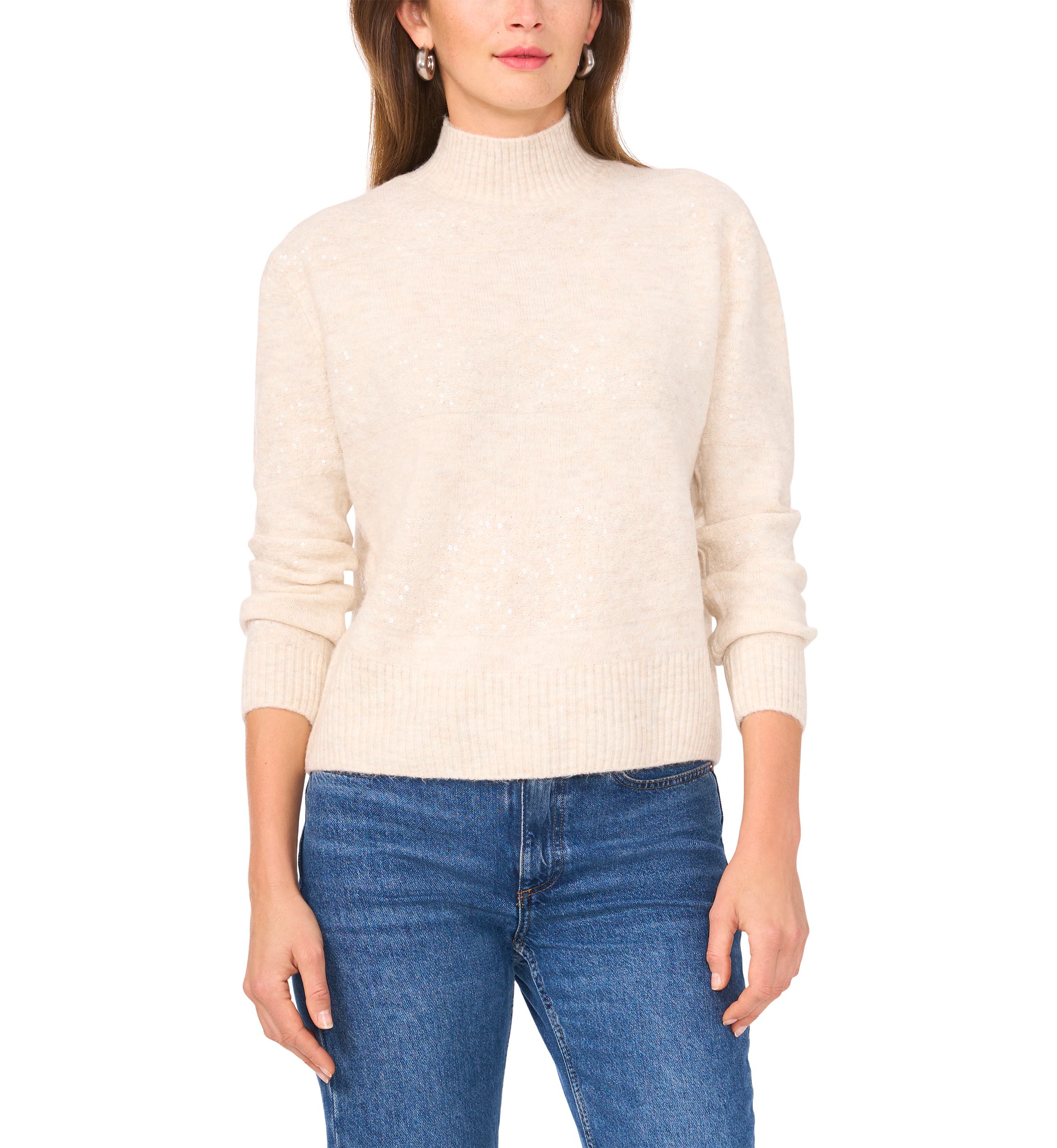 Womens Long Sleeve Sequin Stripe Mock Neck Sweater