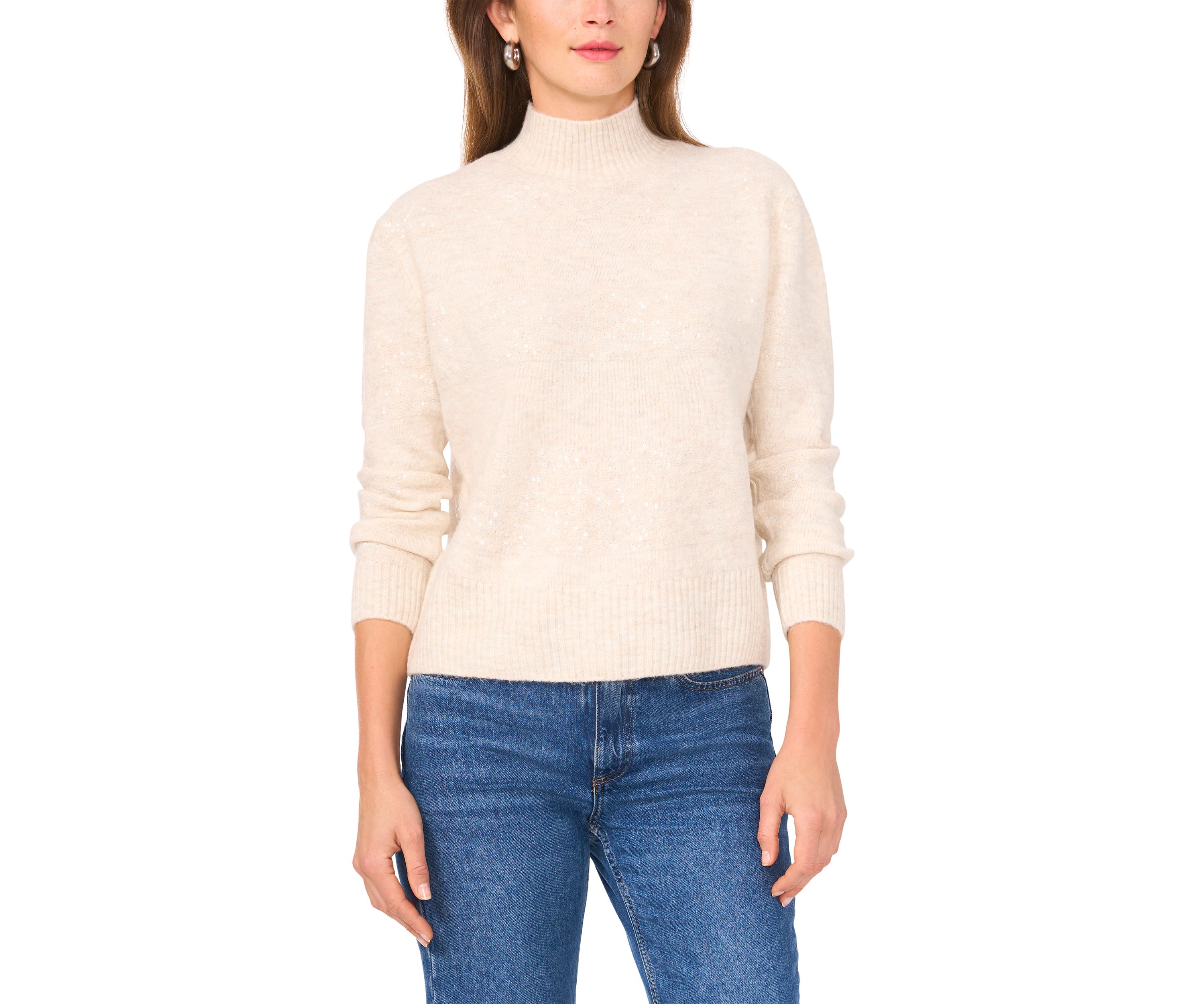 Womens Long Sleeve Sequin Stripe Mock Neck Sweater