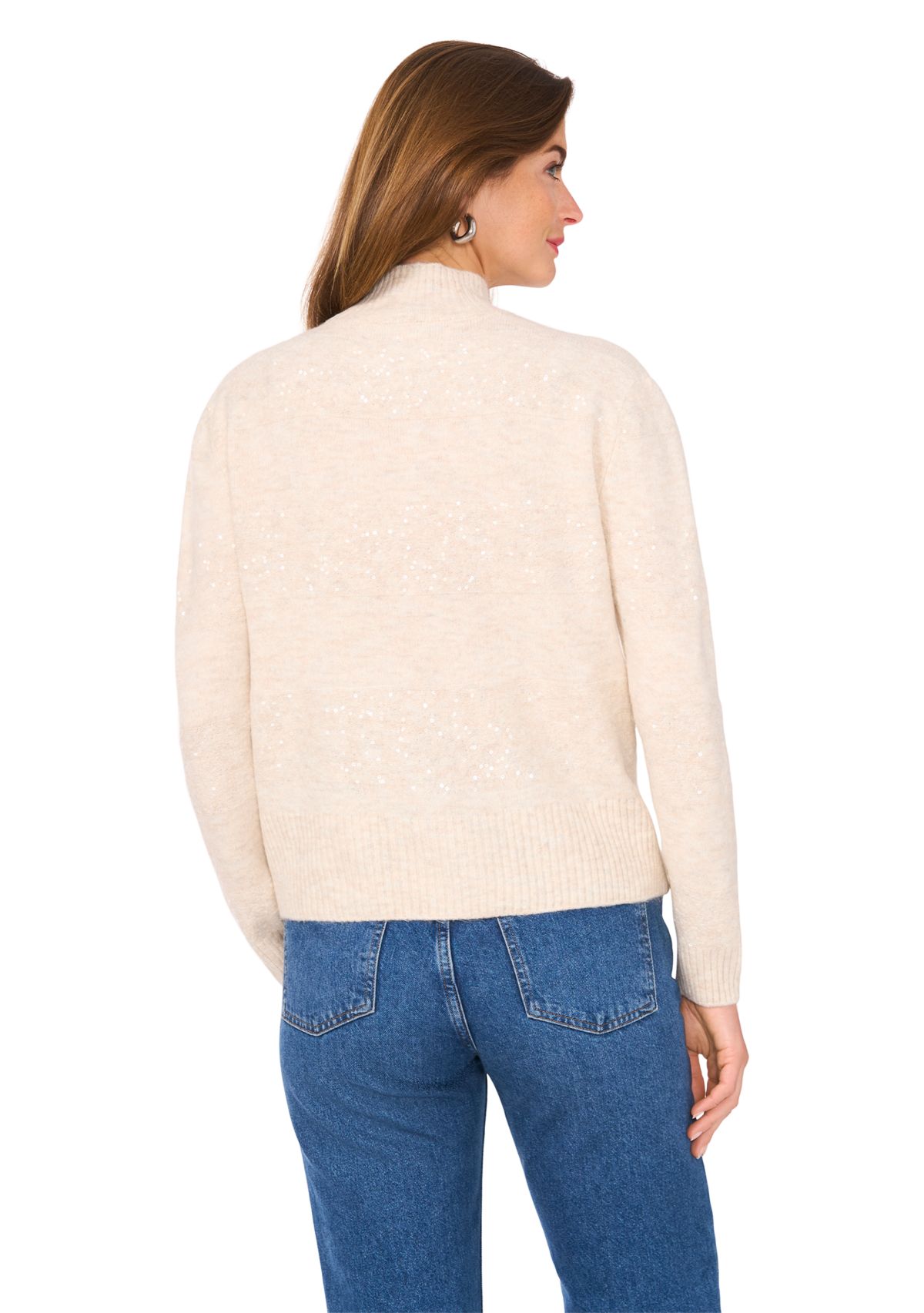 Womens Long Sleeve Sequin Stripe Mock Neck Sweater