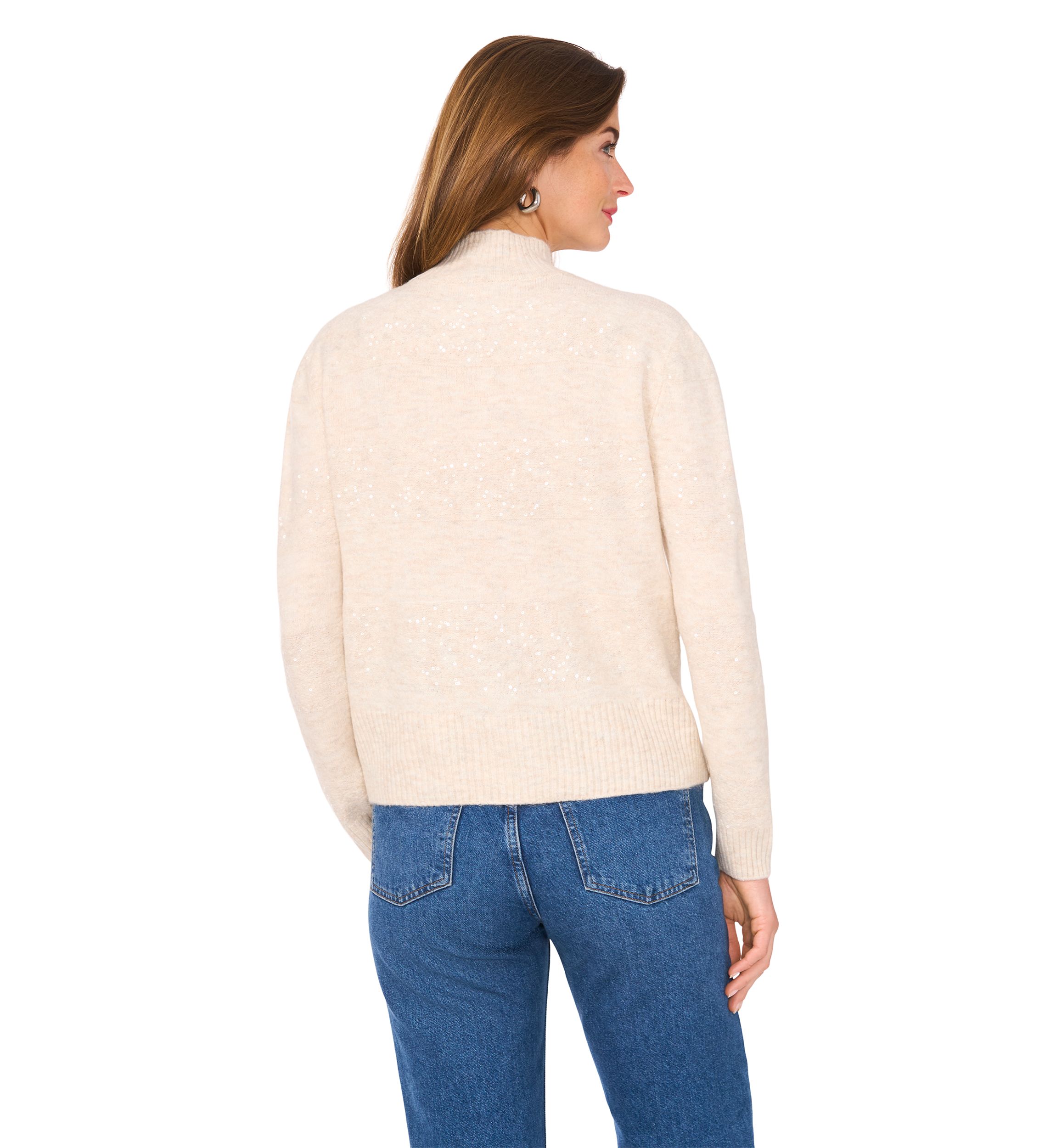 Womens Long Sleeve Sequin Stripe Mock Neck Sweater
