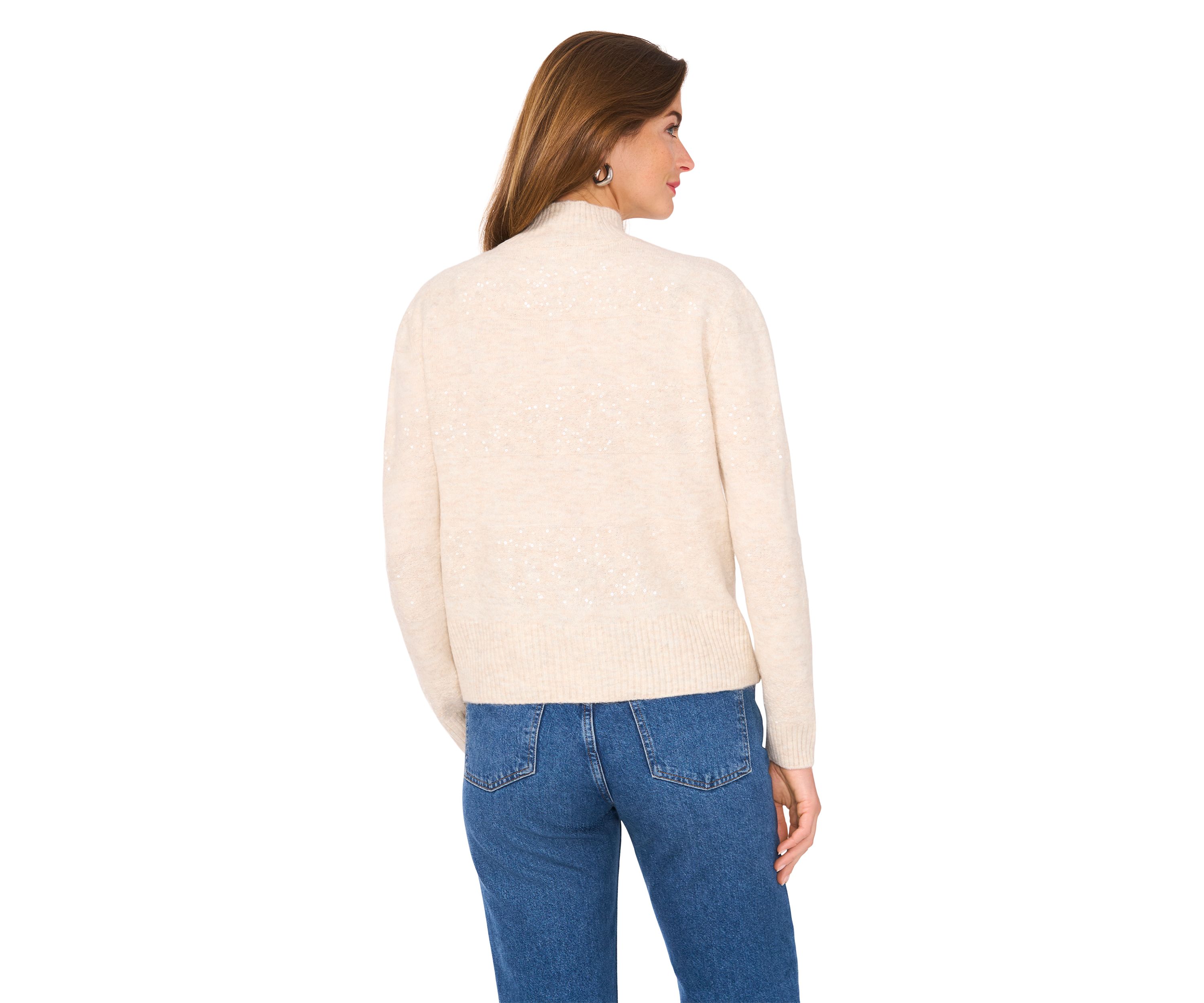 Womens Long Sleeve Sequin Stripe Mock Neck Sweater