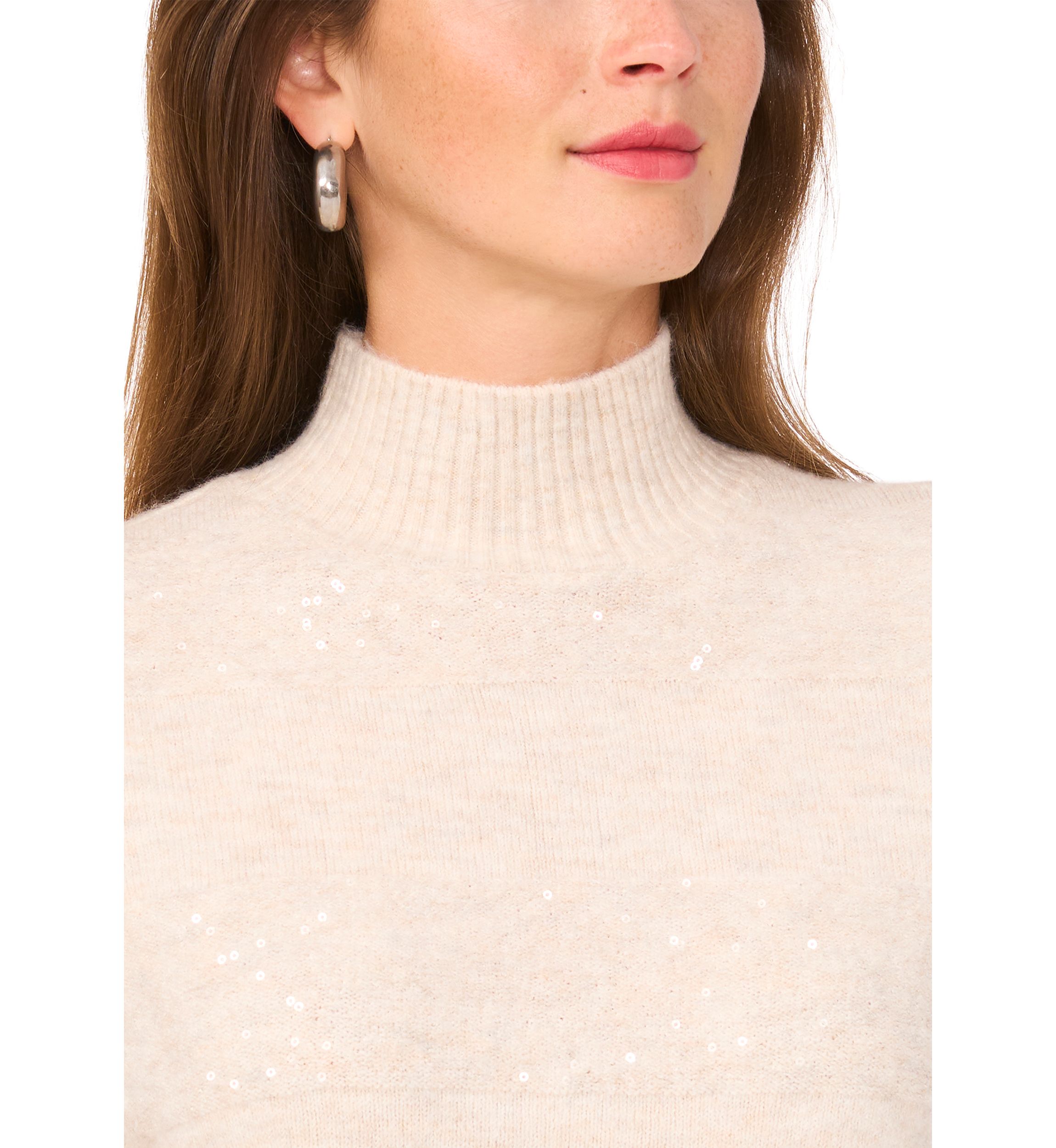 Womens Long Sleeve Sequin Stripe Mock Neck Sweater
