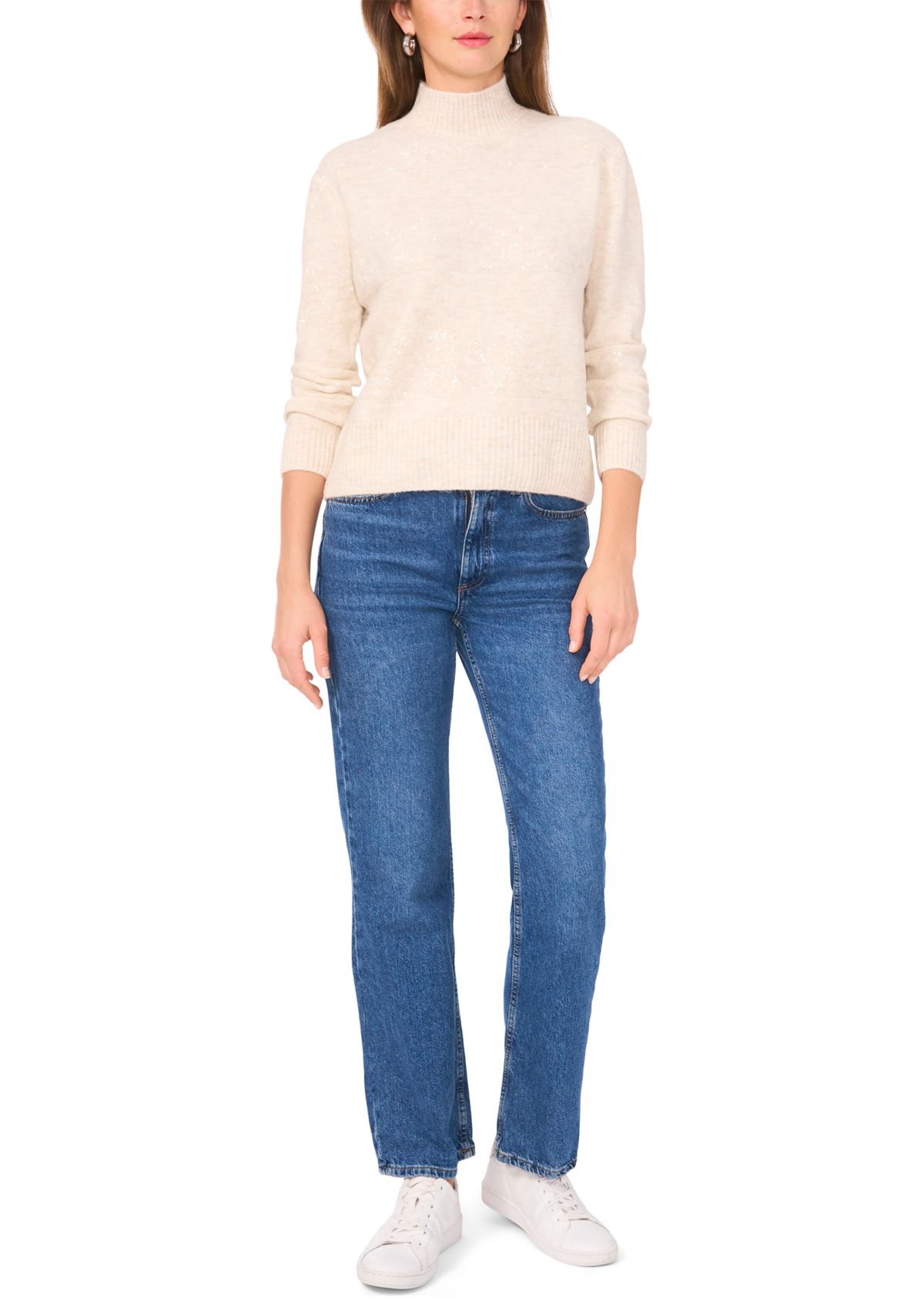 Womens Long Sleeve Sequin Stripe Mock Neck Sweater