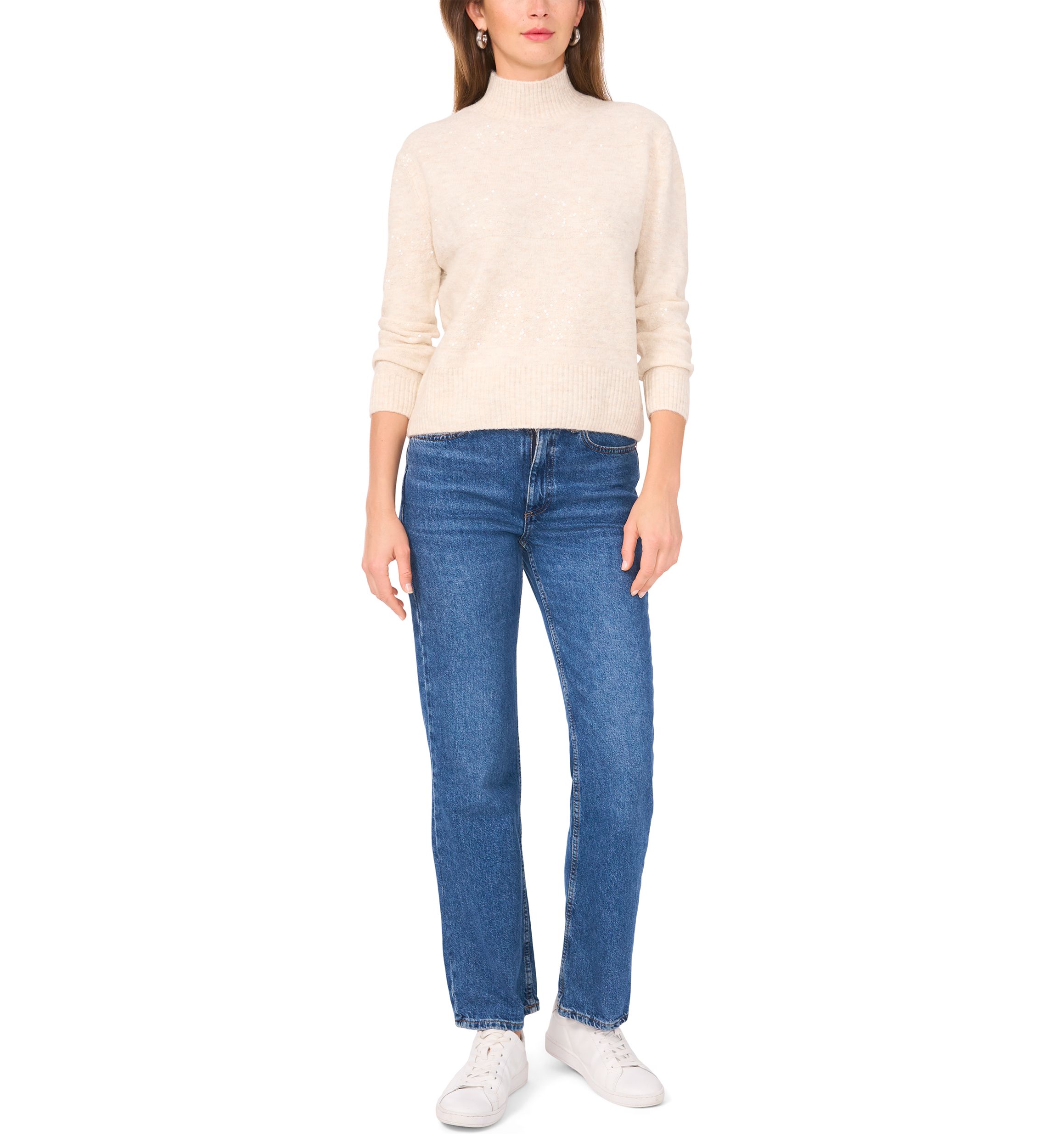 Womens Long Sleeve Sequin Stripe Mock Neck Sweater
