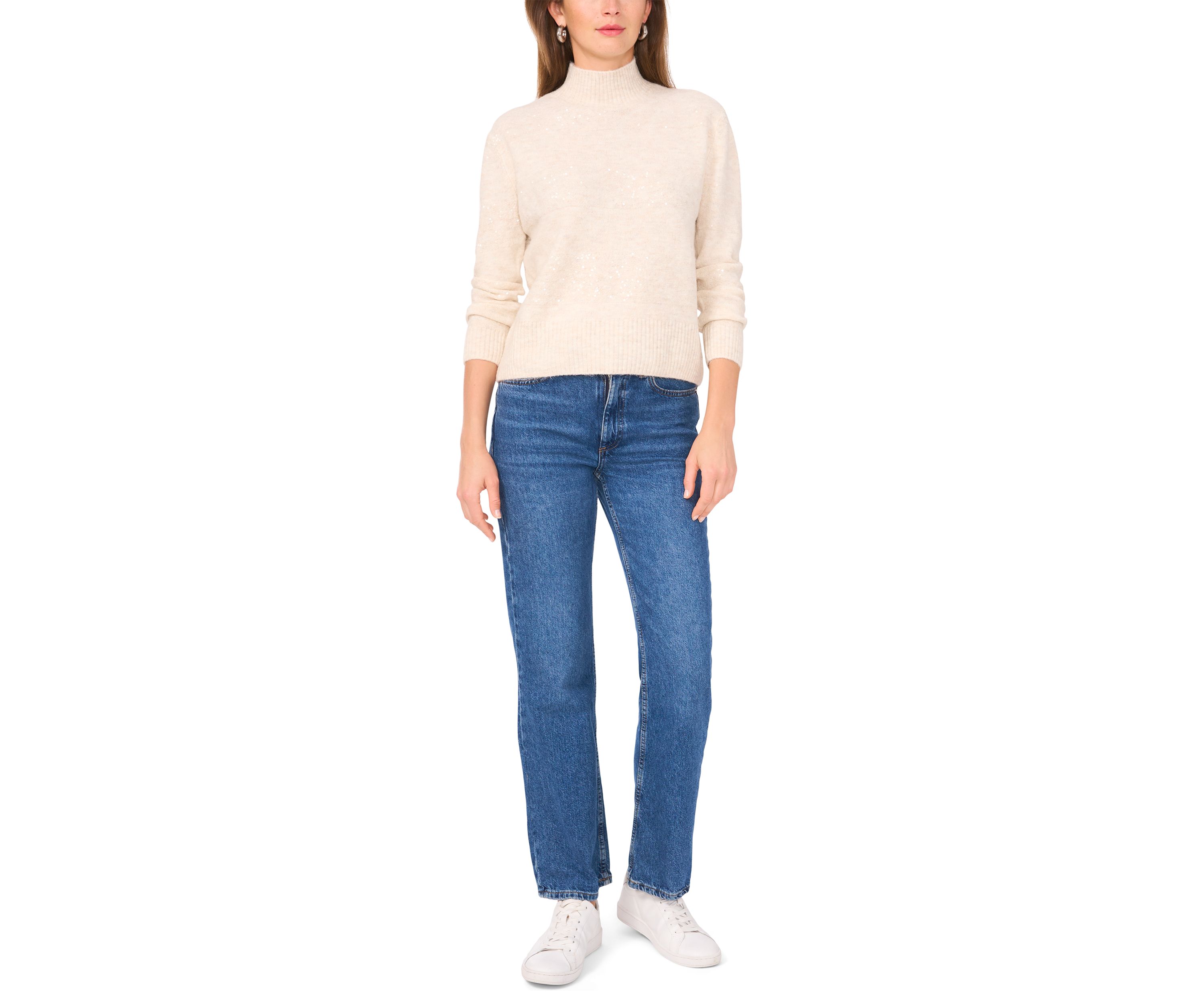 Womens Long Sleeve Sequin Stripe Mock Neck Sweater