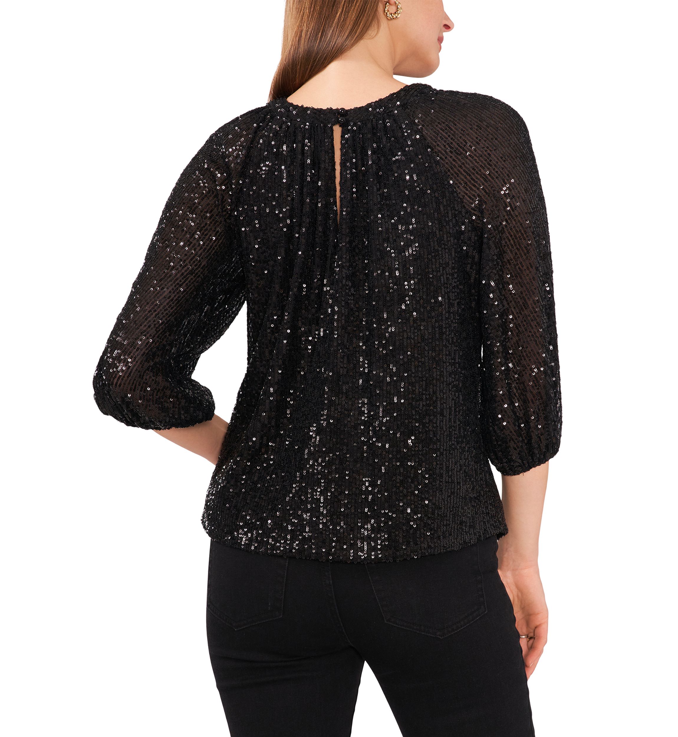 Womens 3/4 Sleeve Keyhole Sequin Top