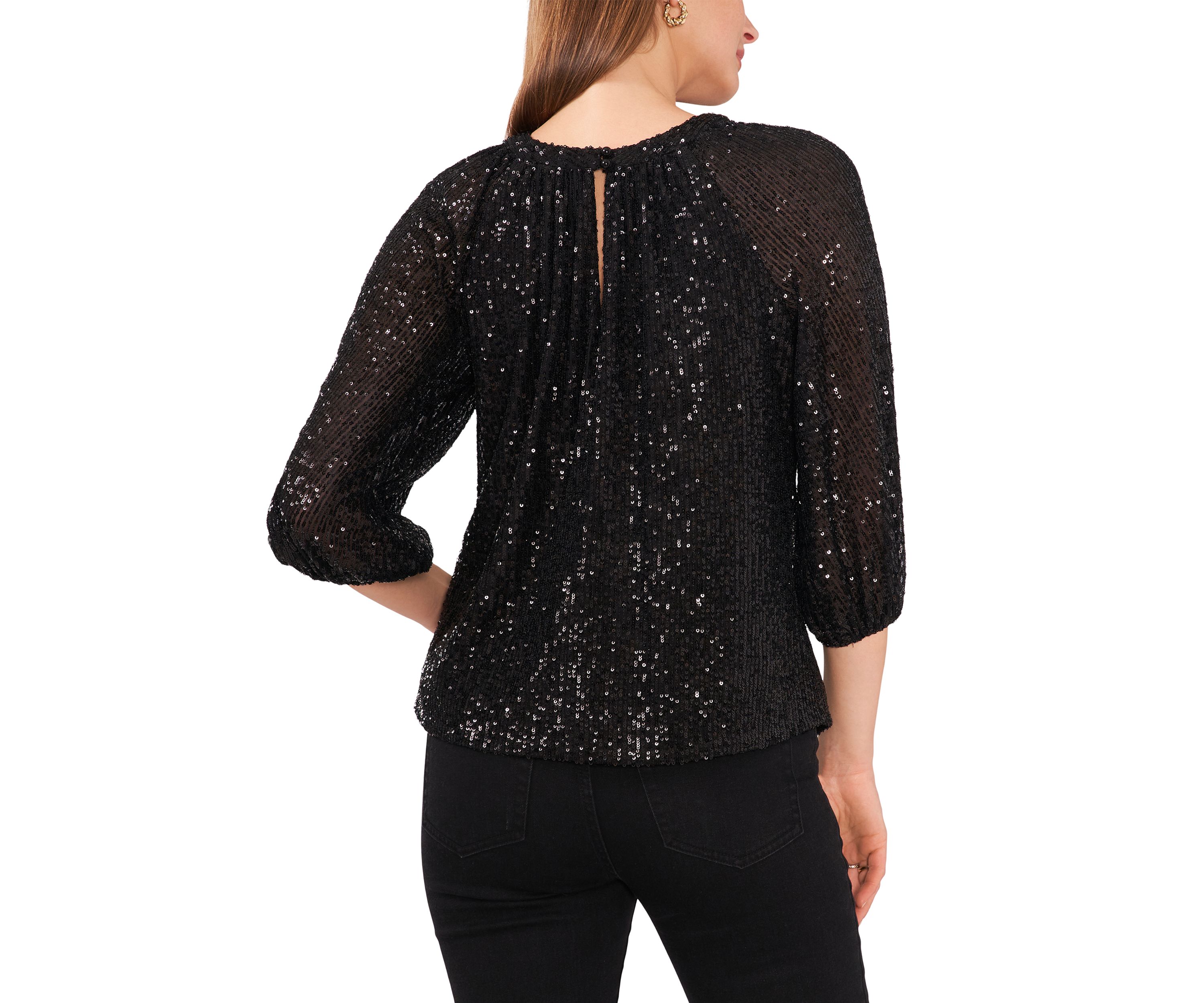 Womens 3/4 Sleeve Keyhole Sequin Top