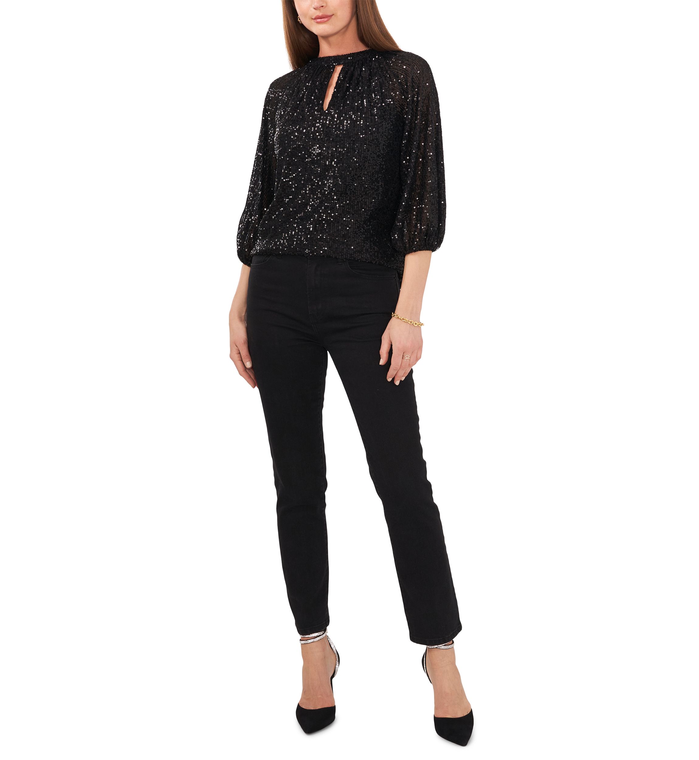 Womens 3/4 Sleeve Keyhole Sequin Top