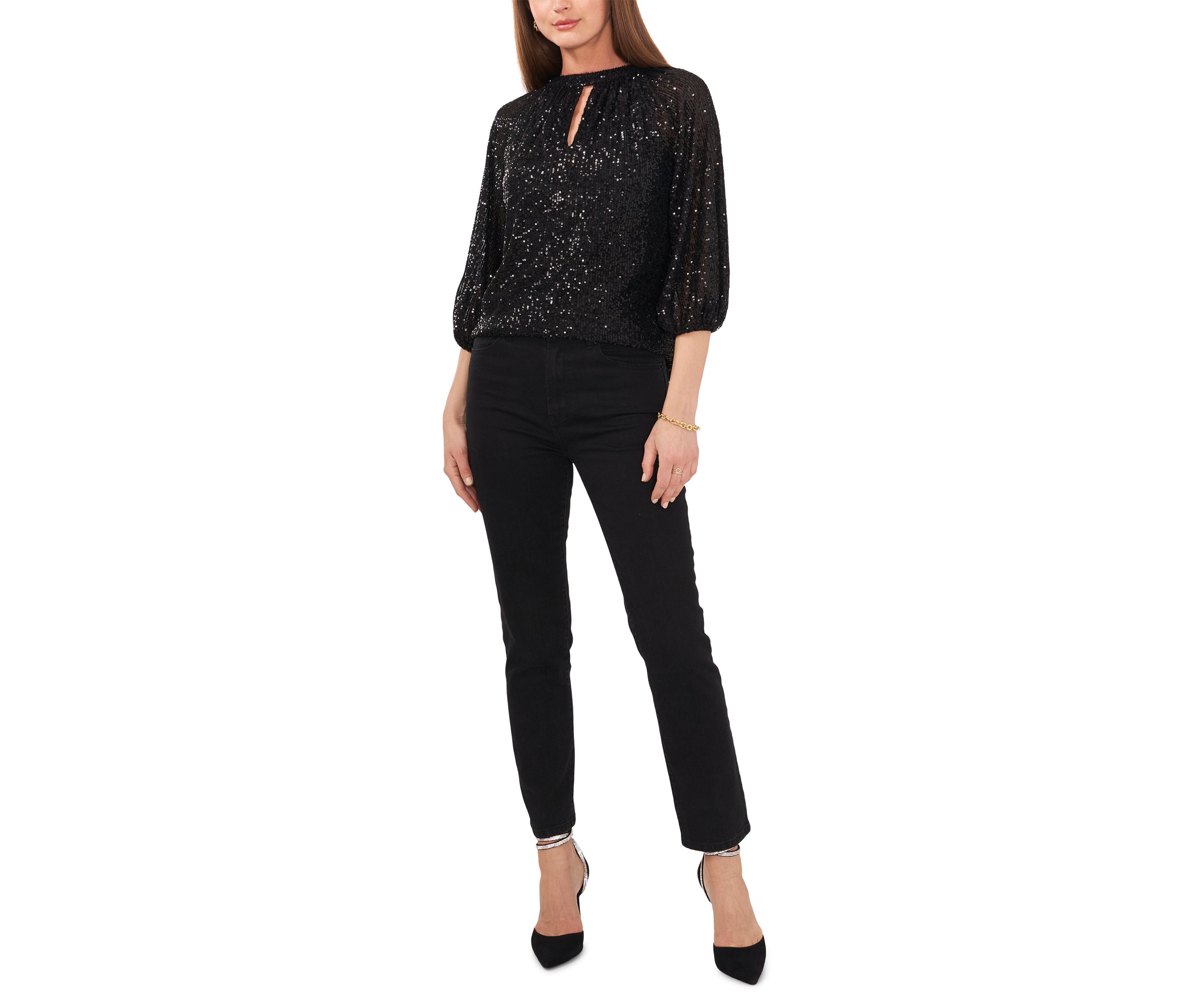 Womens 3/4 Sleeve Keyhole Sequin Top