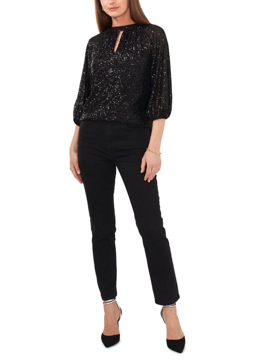 Womens 3/4 Sleeve Keyhole Sequin Top