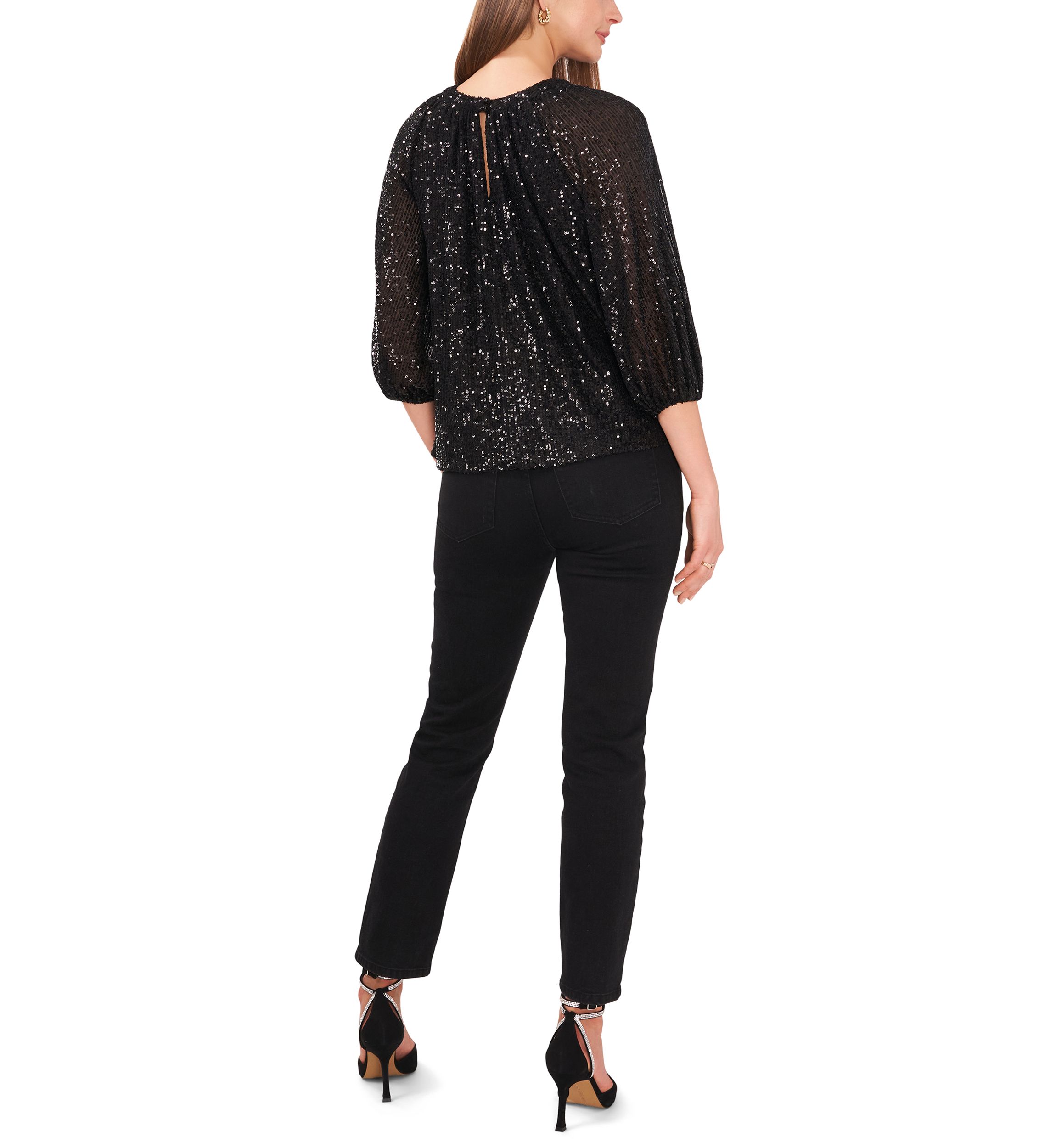 Womens 3/4 Sleeve Keyhole Sequin Top