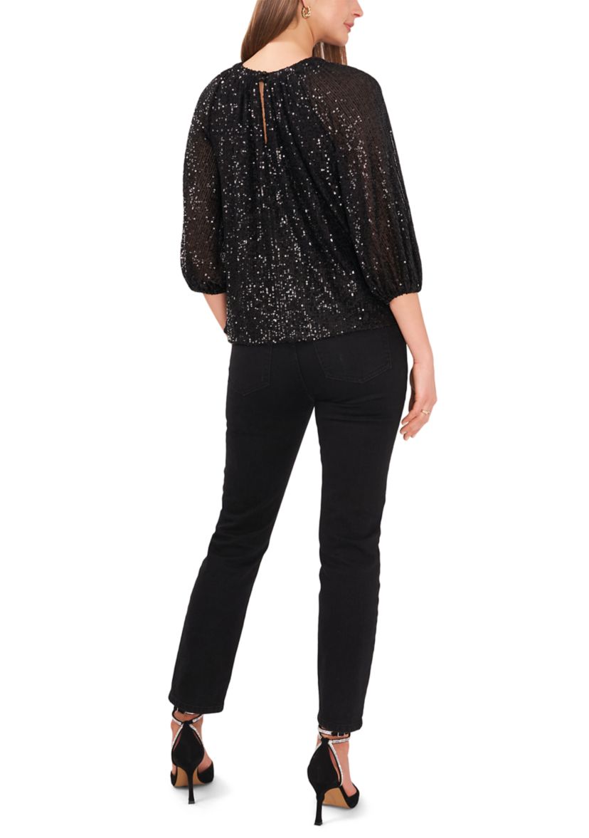 Womens 3/4 Sleeve Keyhole Sequin Top