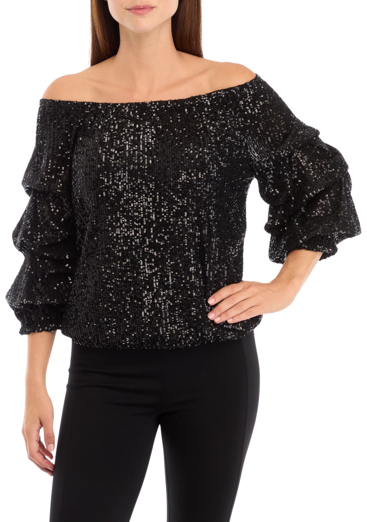 Womens Sequin Cha Cha Sleeve Off the Shoulder Top