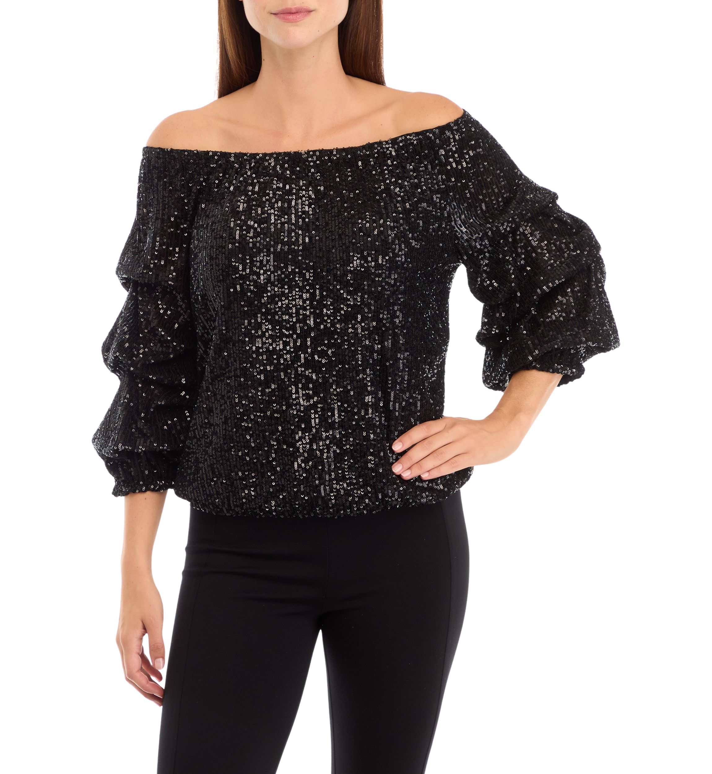 Womens Sequin Cha Cha Sleeve Off the Shoulder Top