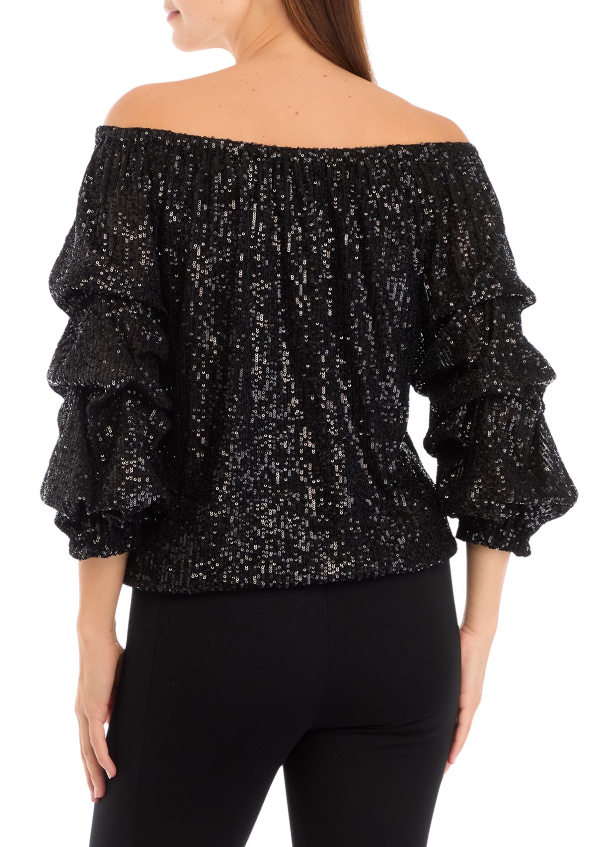 Womens Sequin Cha Cha Sleeve Off the Shoulder Top