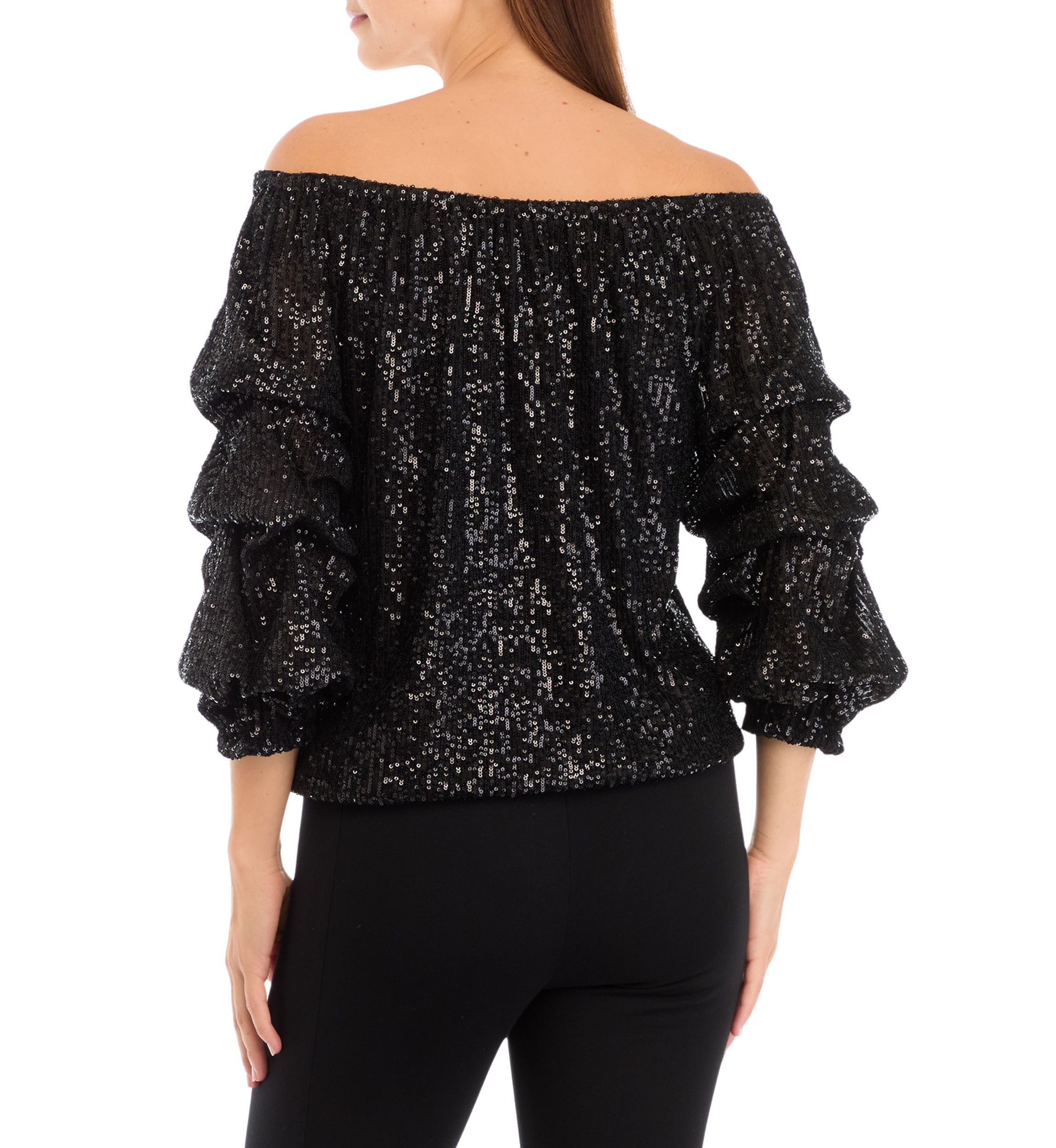 Womens Sequin Cha Cha Sleeve Off the Shoulder Top