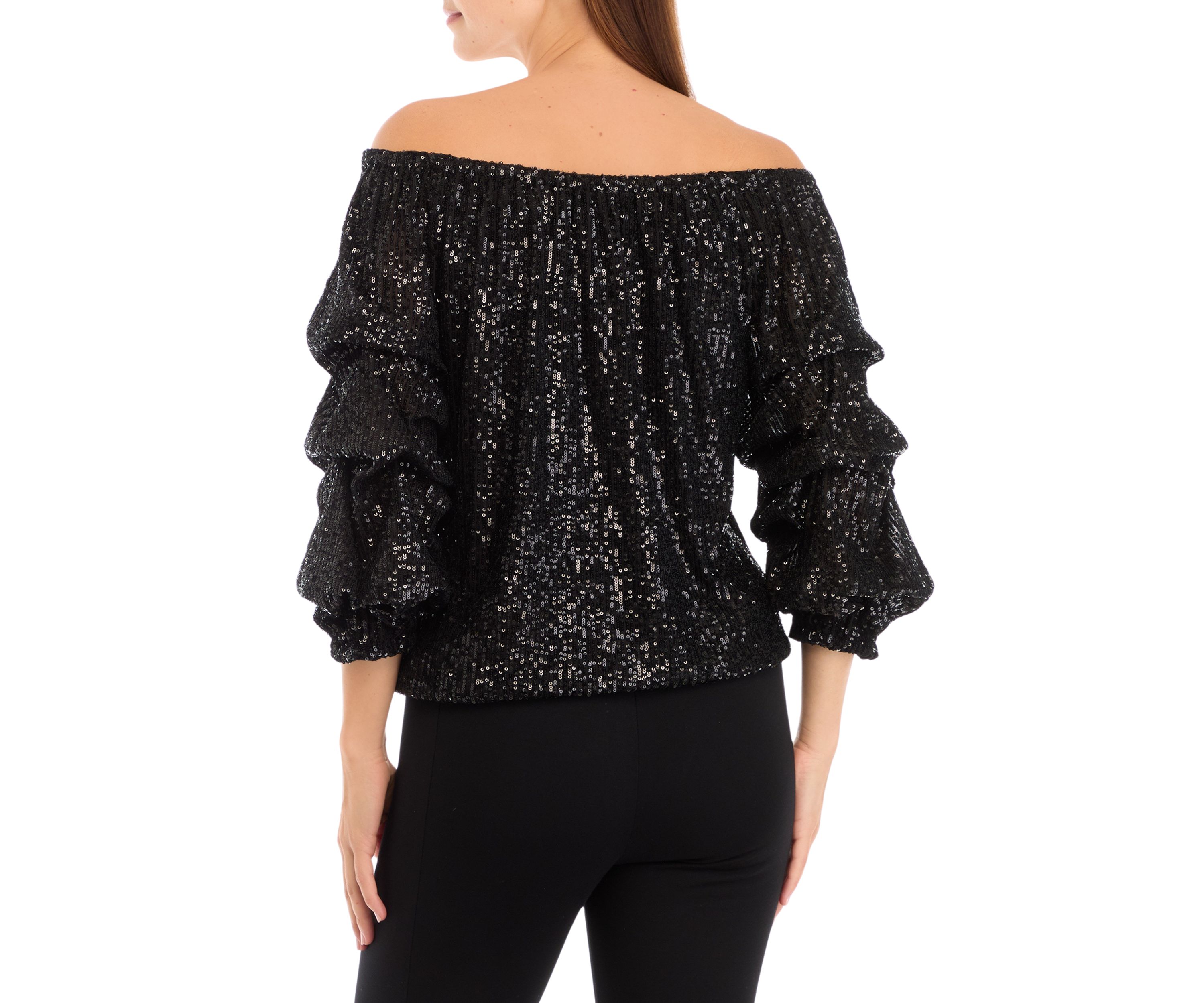 Womens Sequin Cha Cha Sleeve Off the Shoulder Top