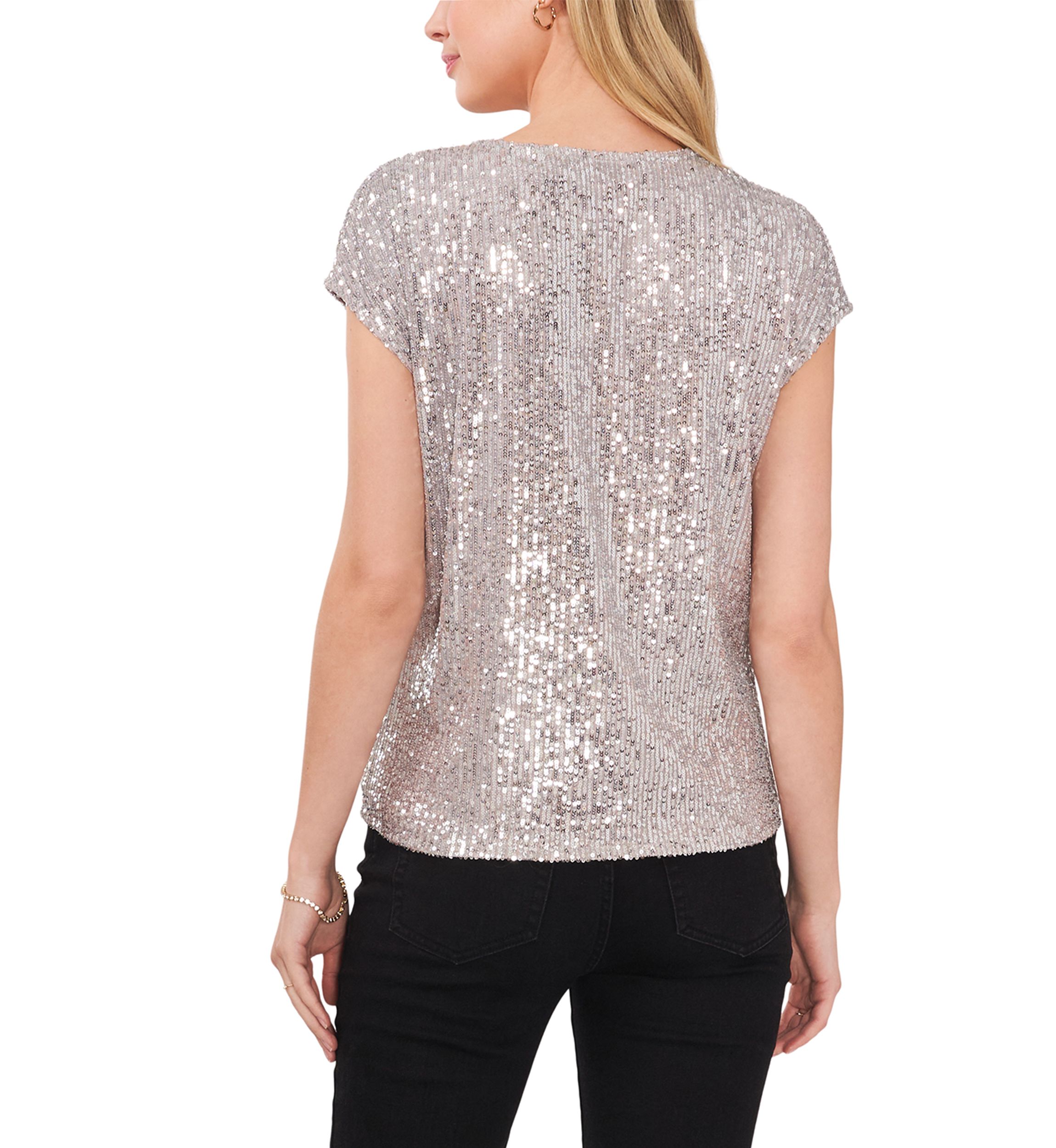Womens Short Sleeve V-Neck Sequin T-Shirt