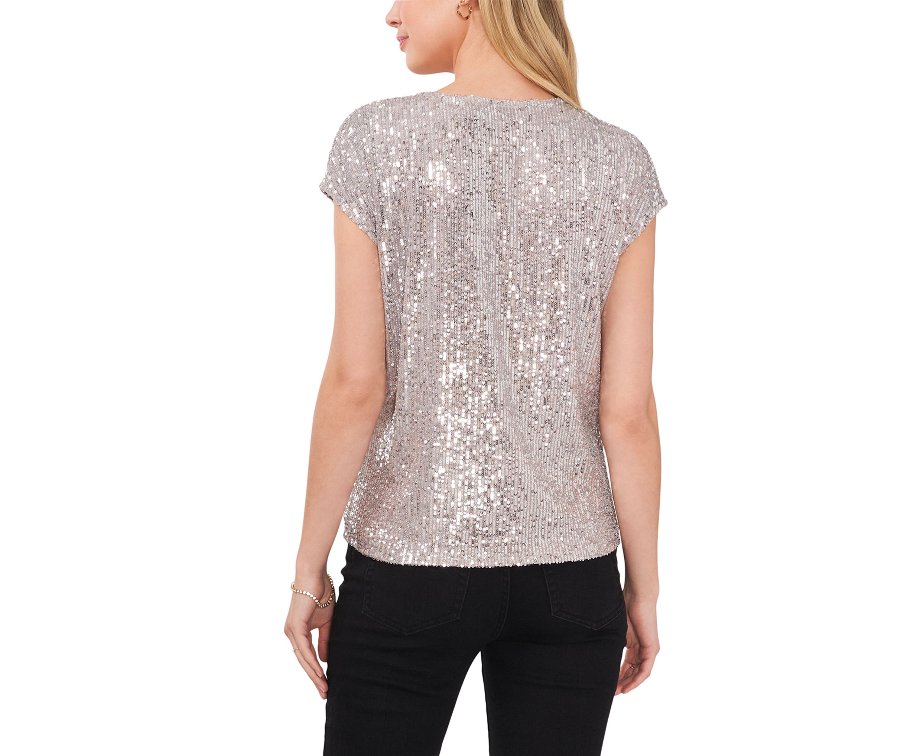 Womens Short Sleeve V-Neck Sequin T-Shirt