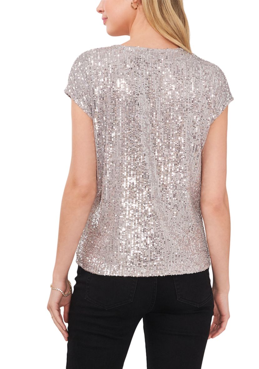 Womens Short Sleeve V-Neck Sequin T-Shirt