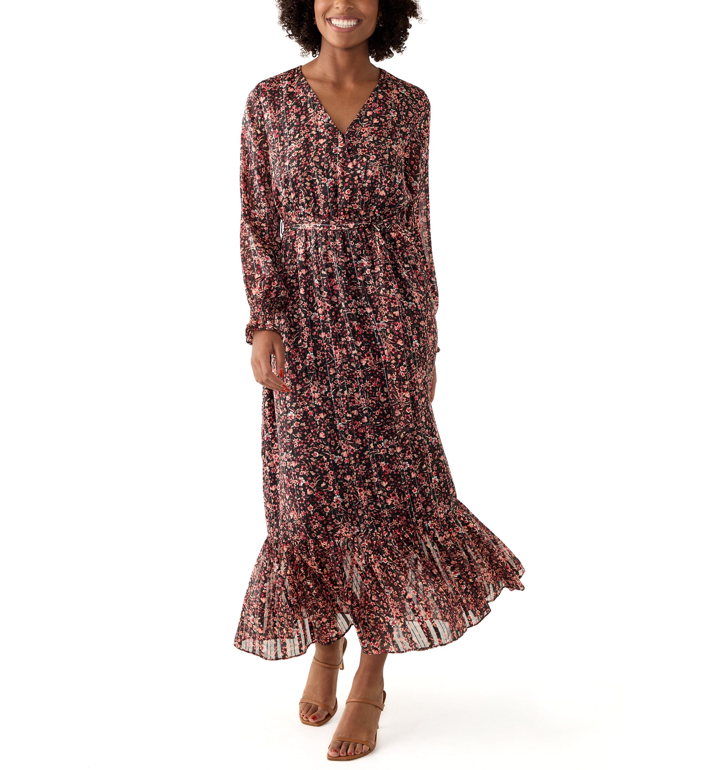 Womens Long Sleeve Floral Midi Dress