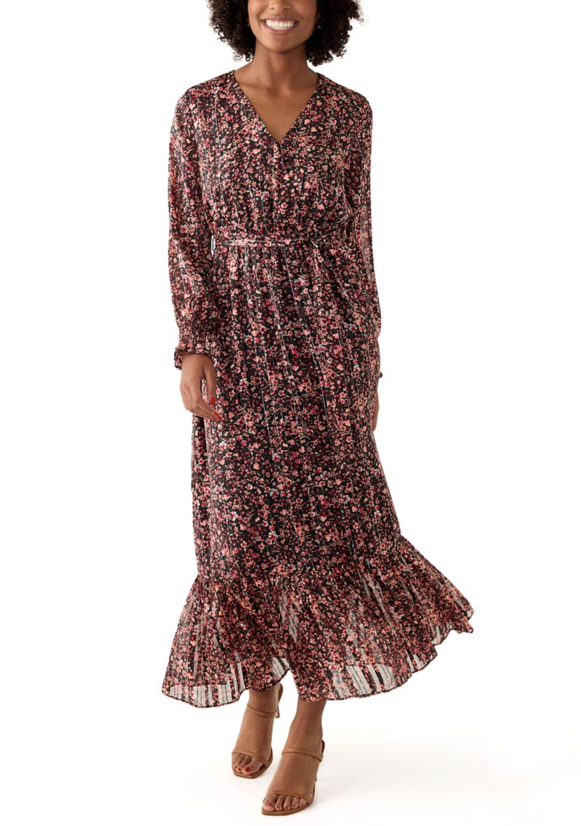 Womens Long Sleeve Floral Midi Dress